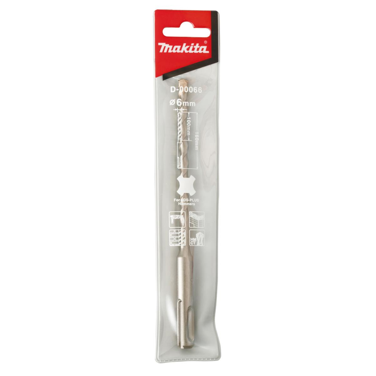 Makita-Bohrer in Kunststoffverpackung. Es ist ein 6-mm-Bohrer mit Längenmessungen in Millimetern.