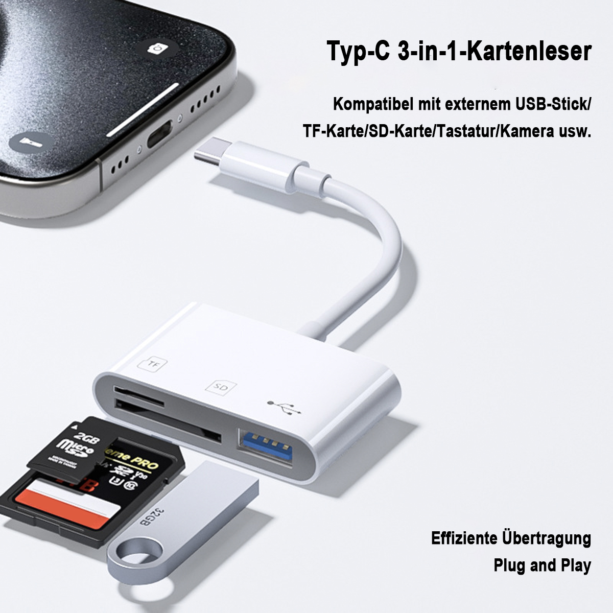 Weißer Kartenleser mit USB-Anschluss, SD-Karte und USB-Stick.