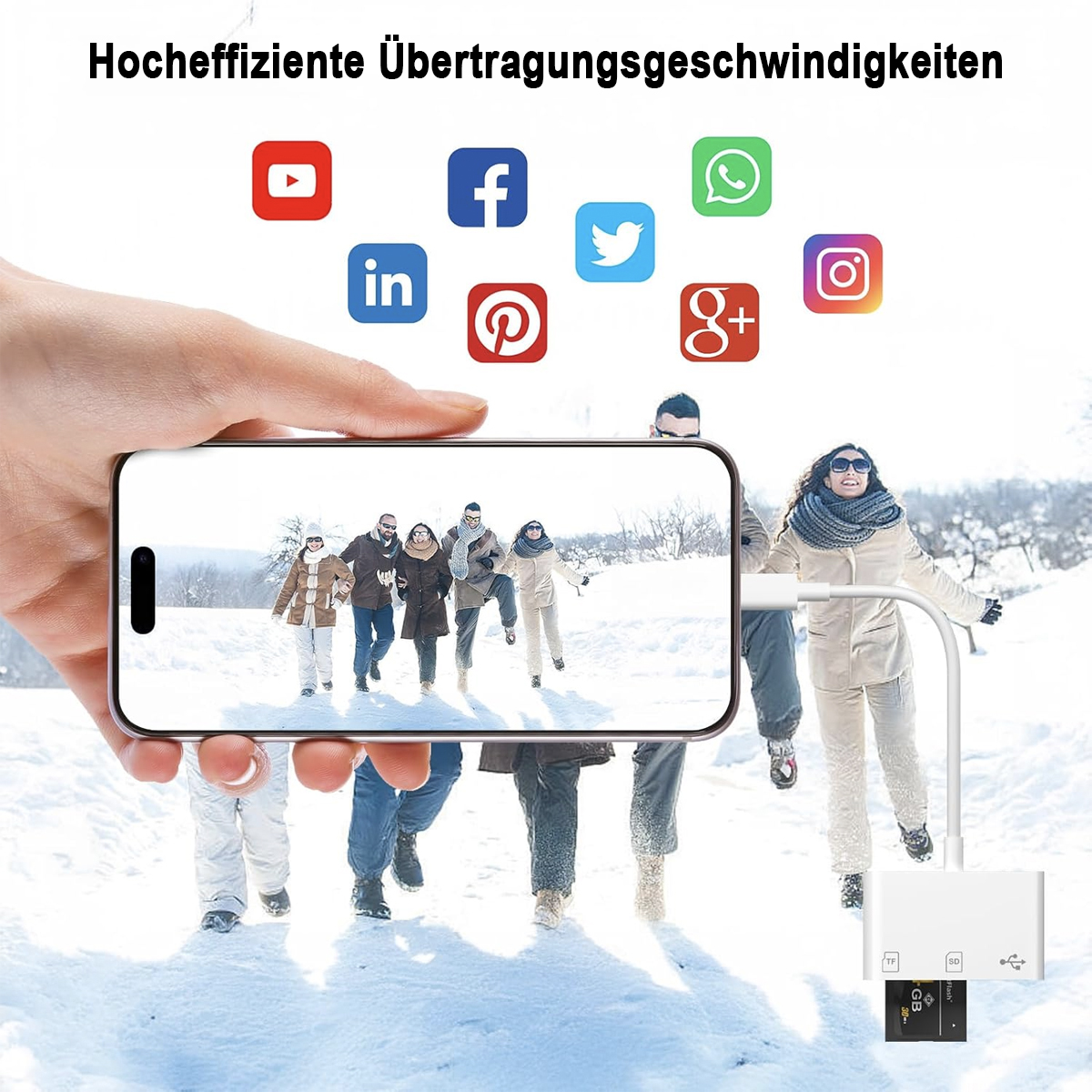 Menschen betrachten einen Bildschirm. Der Bildschirm zeigt Social-Media-Symbole. Ein weißes Gerät...