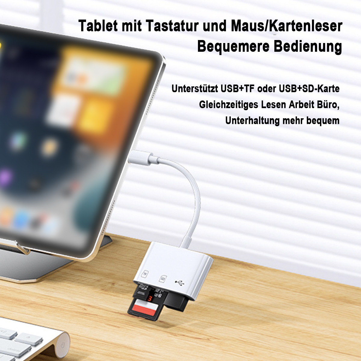 Tablet mit USB/SD-Kartenleser. Text auf Deutsch. Weißer Schreibtisch.