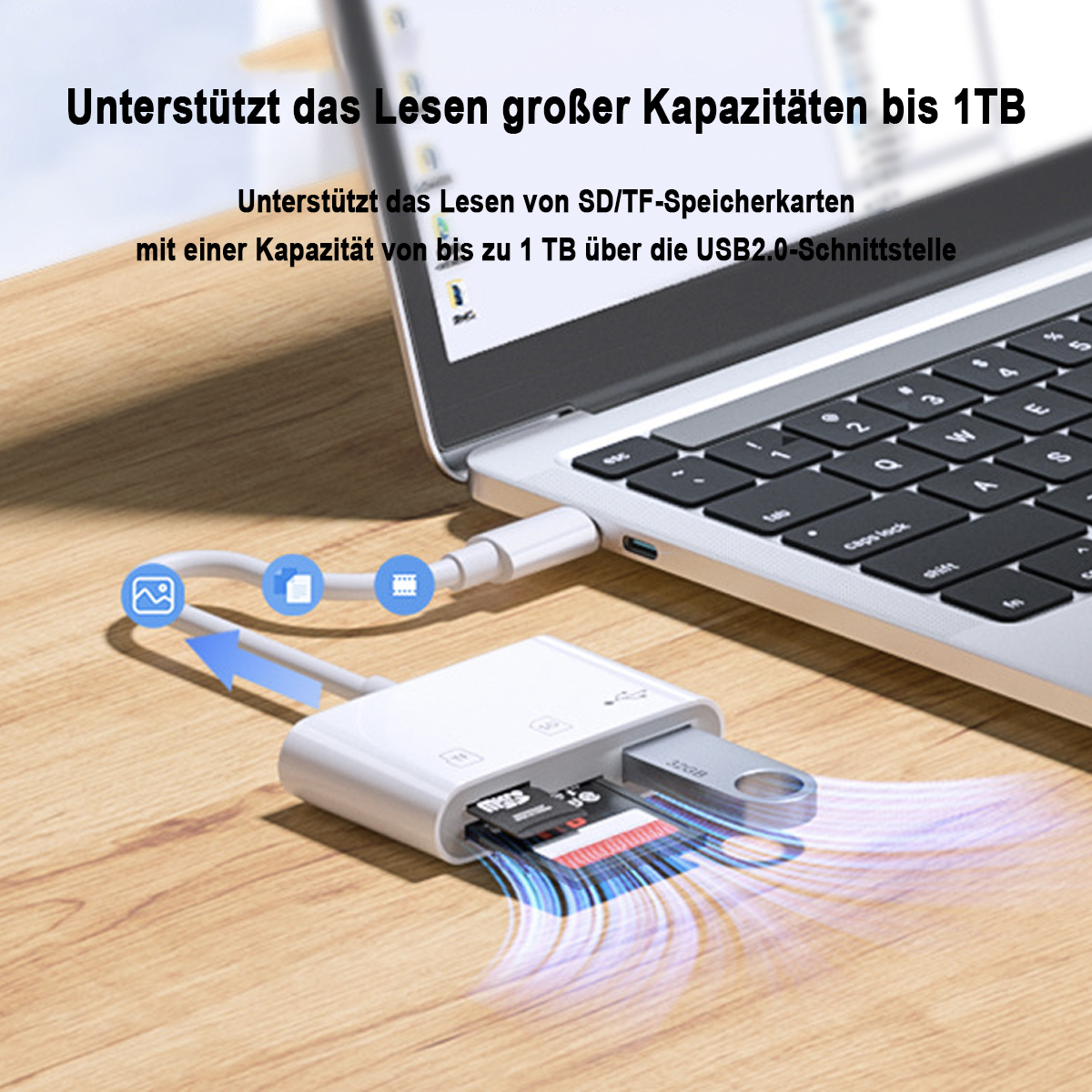 Ein Laptop mit einem USB-Adapter, an den SD- und TF-Karten sowie ein USB-Flash-Laufwerk angeschlossen sind.