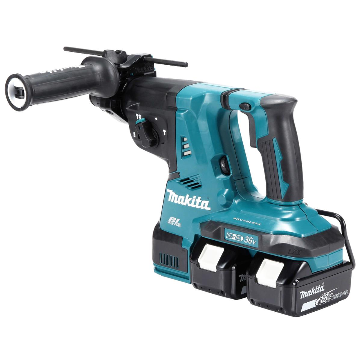 Ein teal-farbener und schwarzer Makita-Bohrhammer vor weißem Hintergrund.