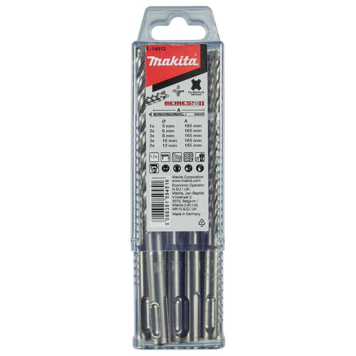 Scatola di plastica trasparente di punte da trapano. Testo sulla scatola: Makita, con dimensioni e specifiche delle punte.