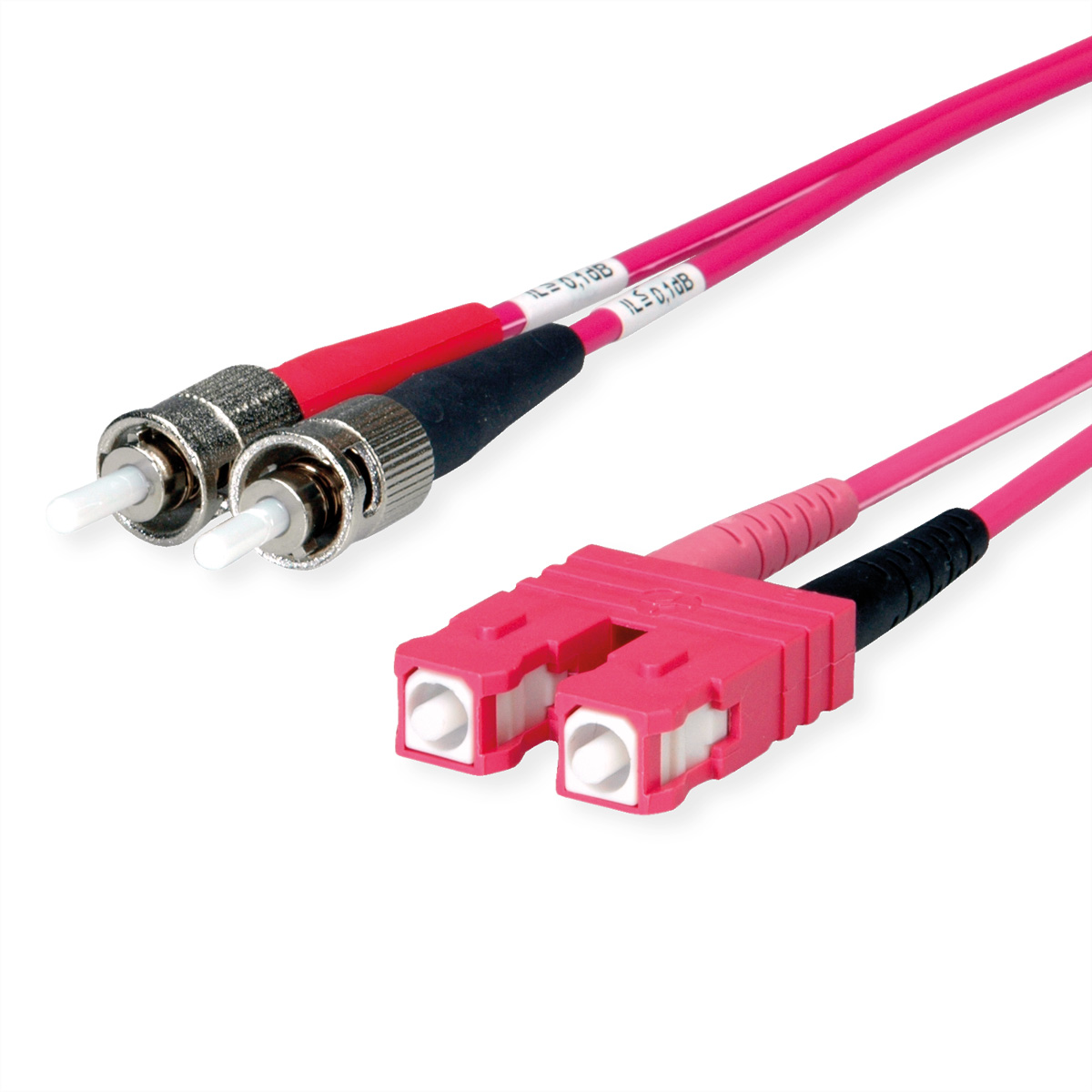 Twee roze glasvezelkabels met connectoren op een witte achtergrond.