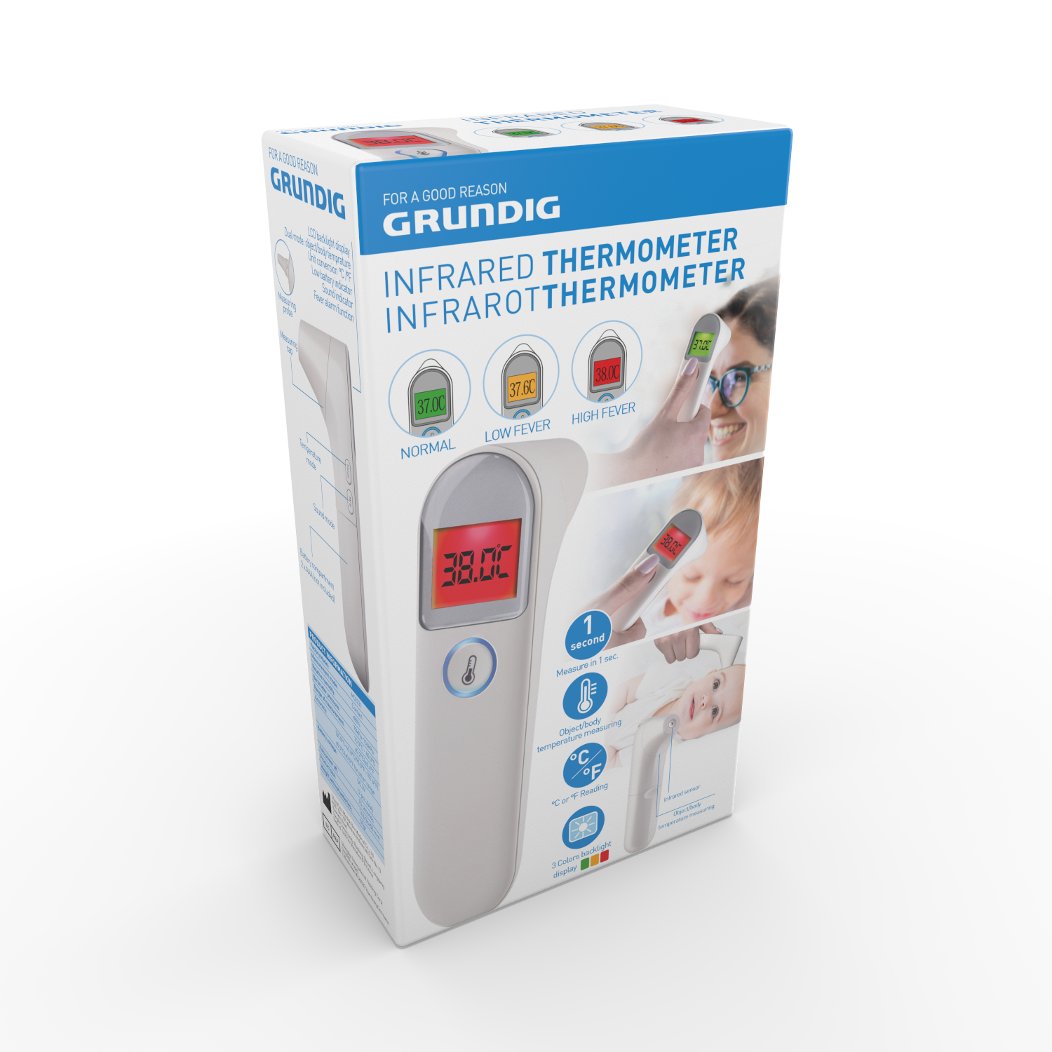 Infrared thermometer box with images showing use and temperature readings, with white background.