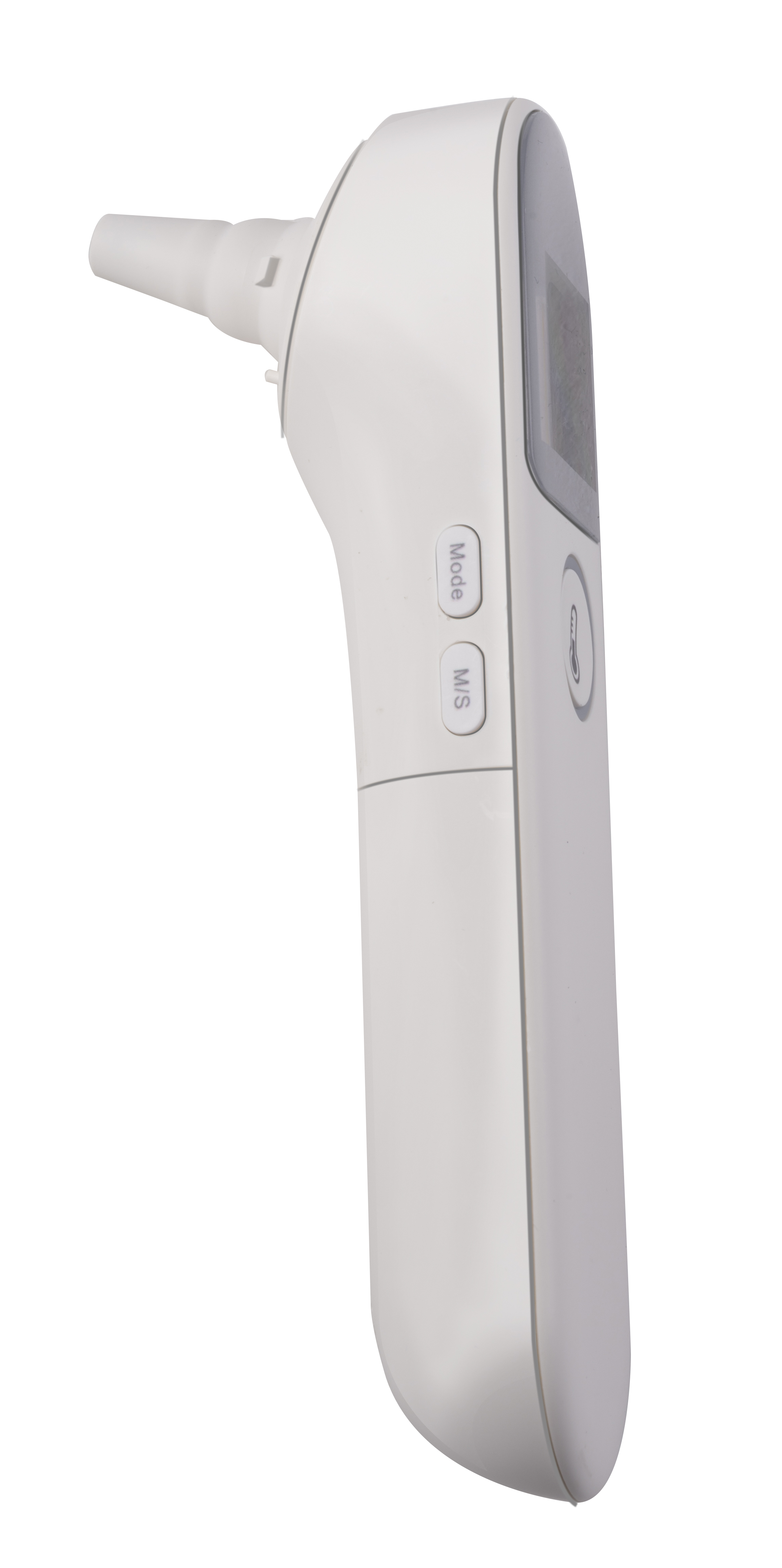 A white, handheld digital ear thermometer. It has a probe and buttons labeled 'Mode' and 'M/S'.