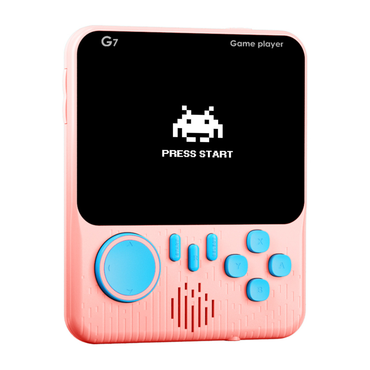 Una consola de juegos portátil rosa, con botones y una pantalla que muestra un juego.