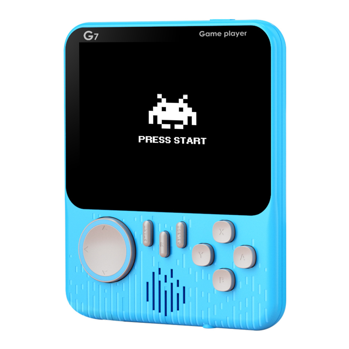 Una consola de juegos portátil azul que muestra un juego pixelado con las palabras 'PRESS START'.