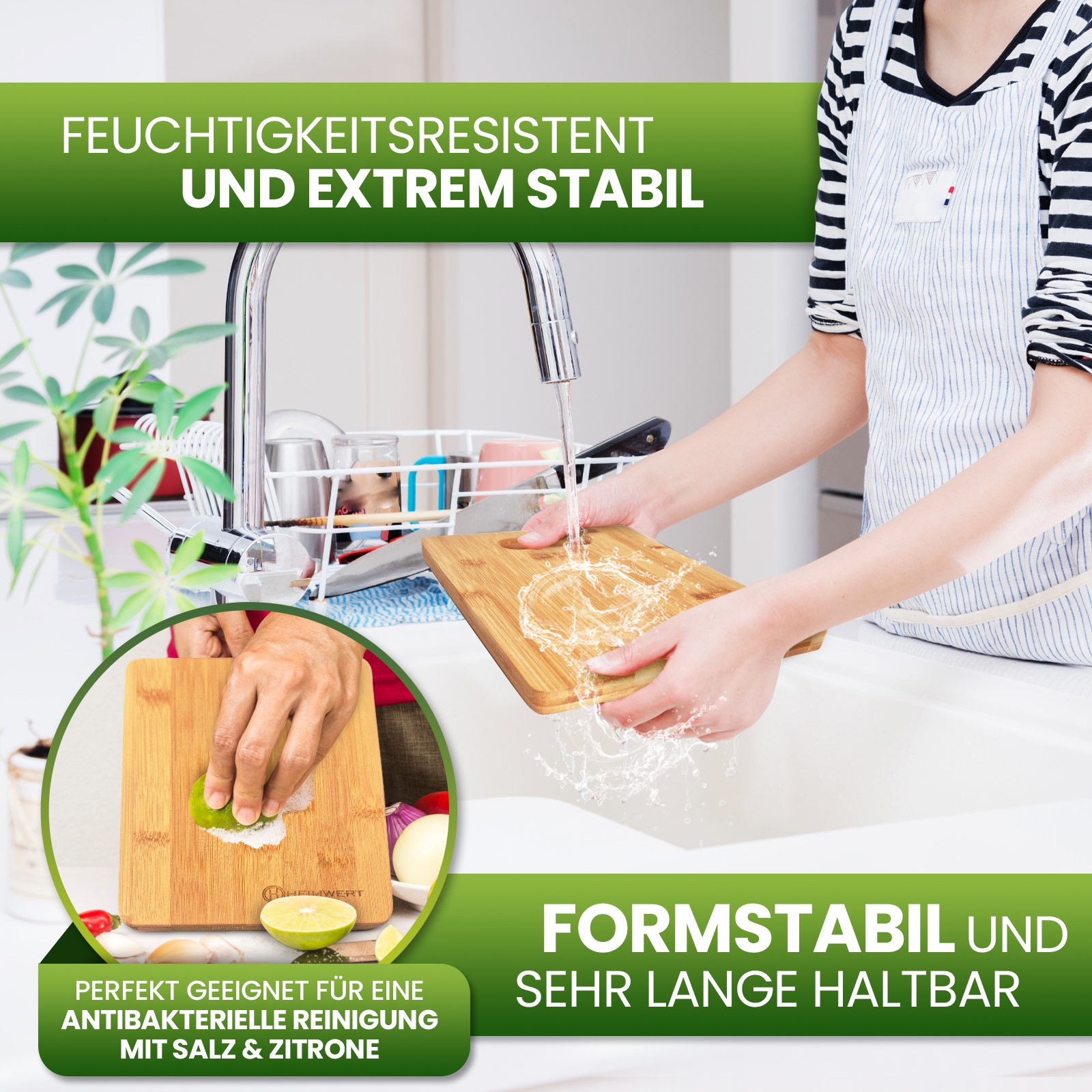 Eine Person wäscht ein Holzschneidebrett. Text sagt 'Feuchtigkeitsbeständig und extrem stabil'.