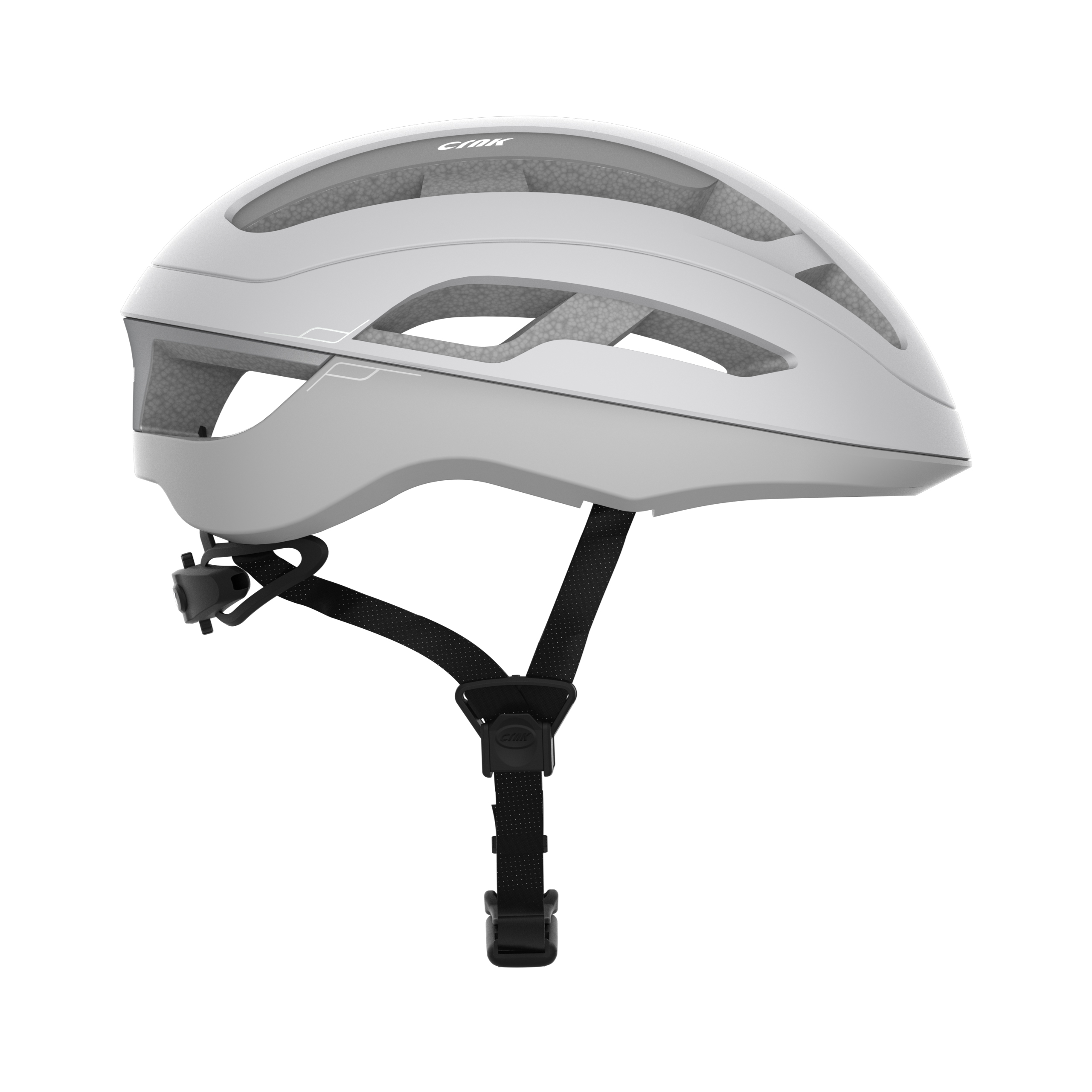 Weißer Fahrradhelm mit schwarzem Riemen und Schnalle. Es hat ein schlankes Design.