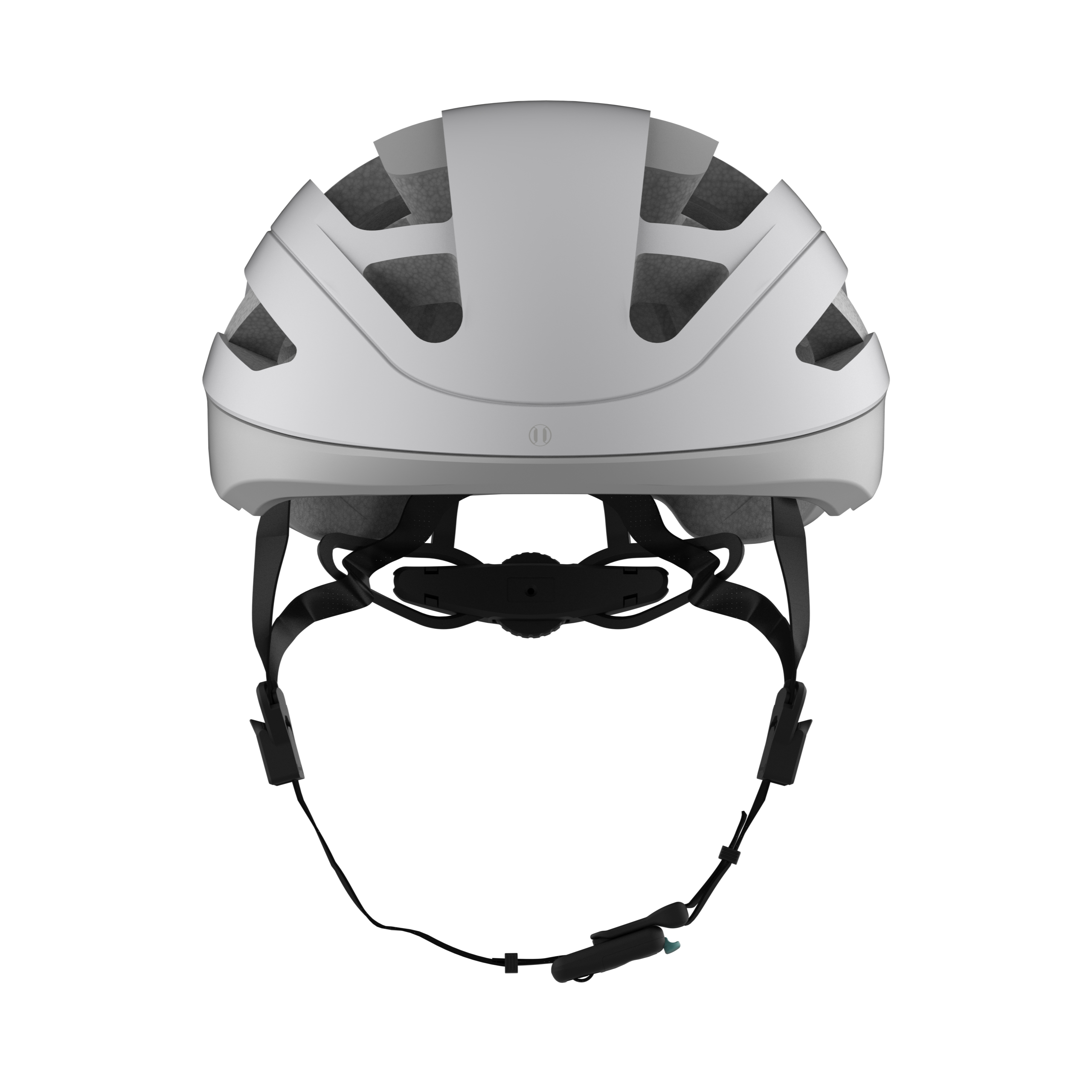 Ein hellgrauer Fahrradhelm, von oben betrachtet, mit schwarzen Riemen.