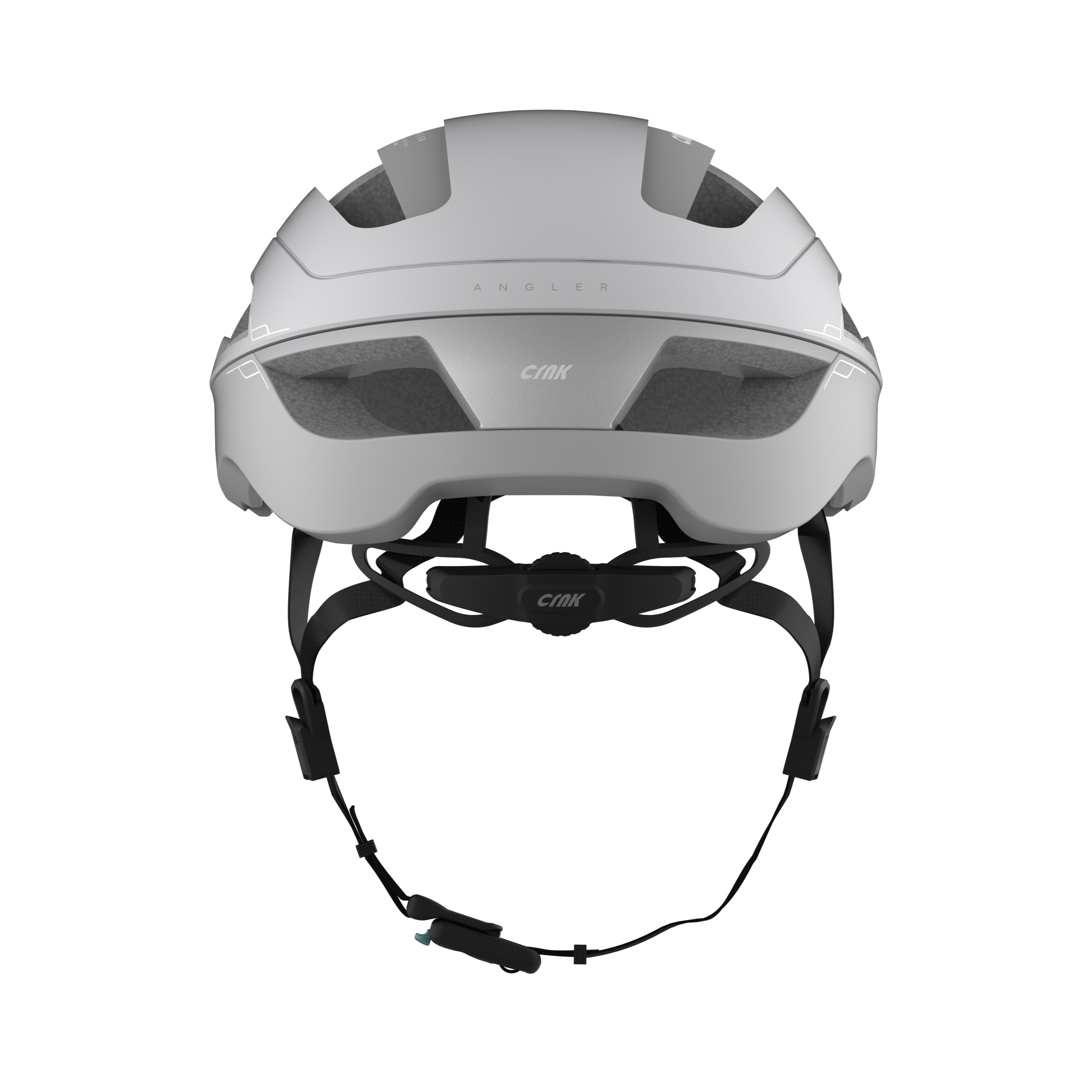Ein grauer Fahrradhelm mit dem Wort ANGLER. Der Helm hat Riemen und Belüftungsöffnungen.