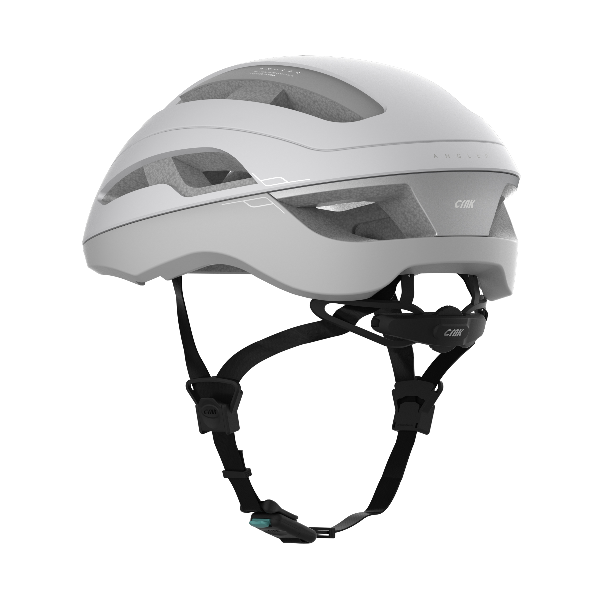 Weißer Fahrradhelm mit schwarzen Riemen und Einstellungen, weißer Hintergrund.