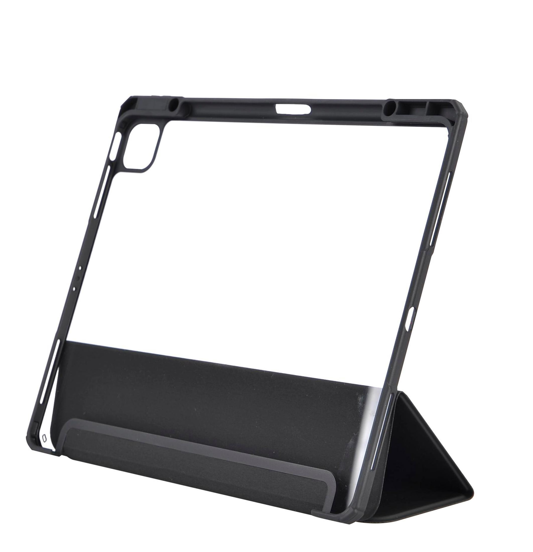 Schwarze iPad-Hülle mit durchsichtigem Rücken und gefaltetem Deckel, auf weißem Hintergrund.