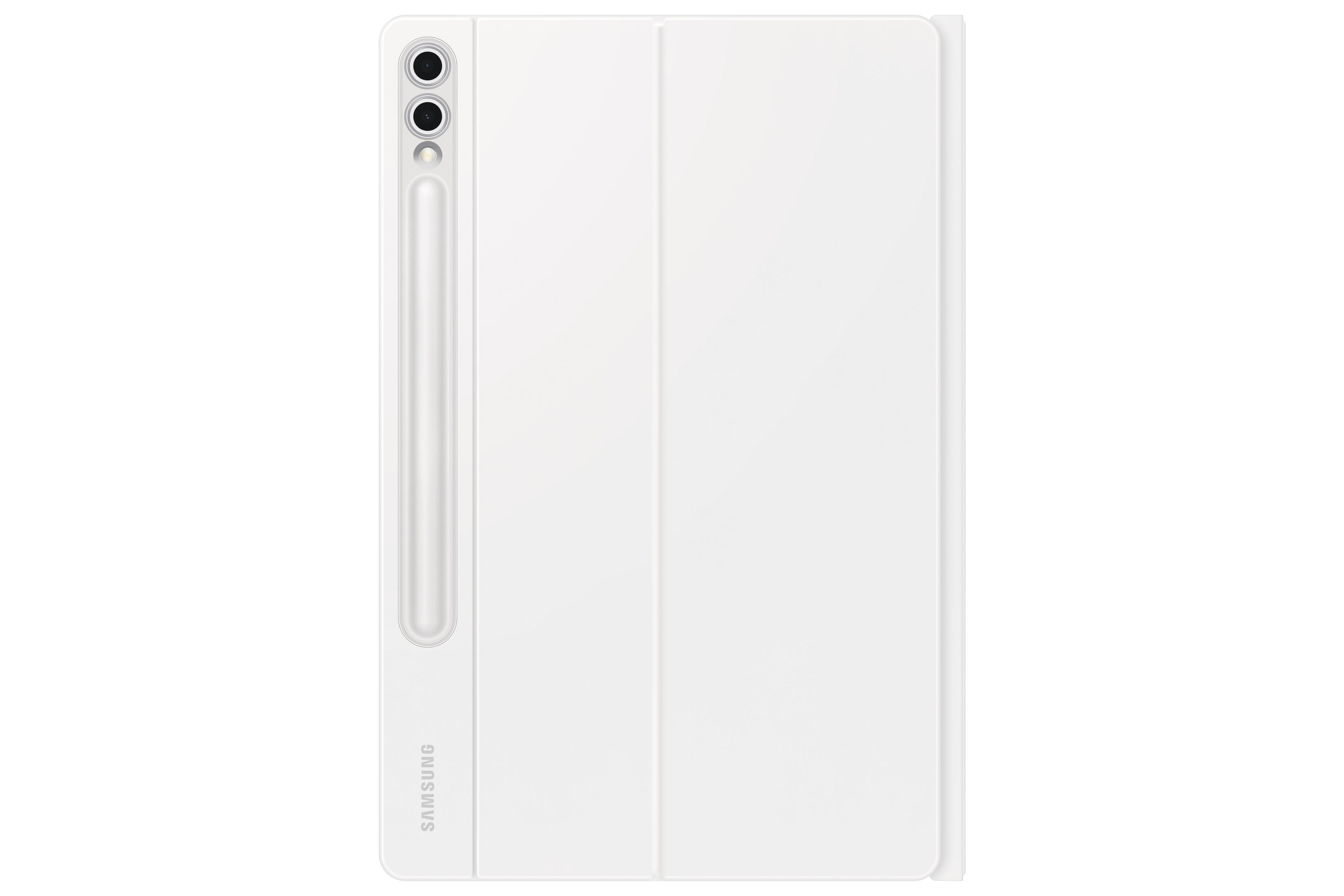 Housse de tablette blanche avec porte-stylet. Fermée, design minimaliste et logo Samsung.