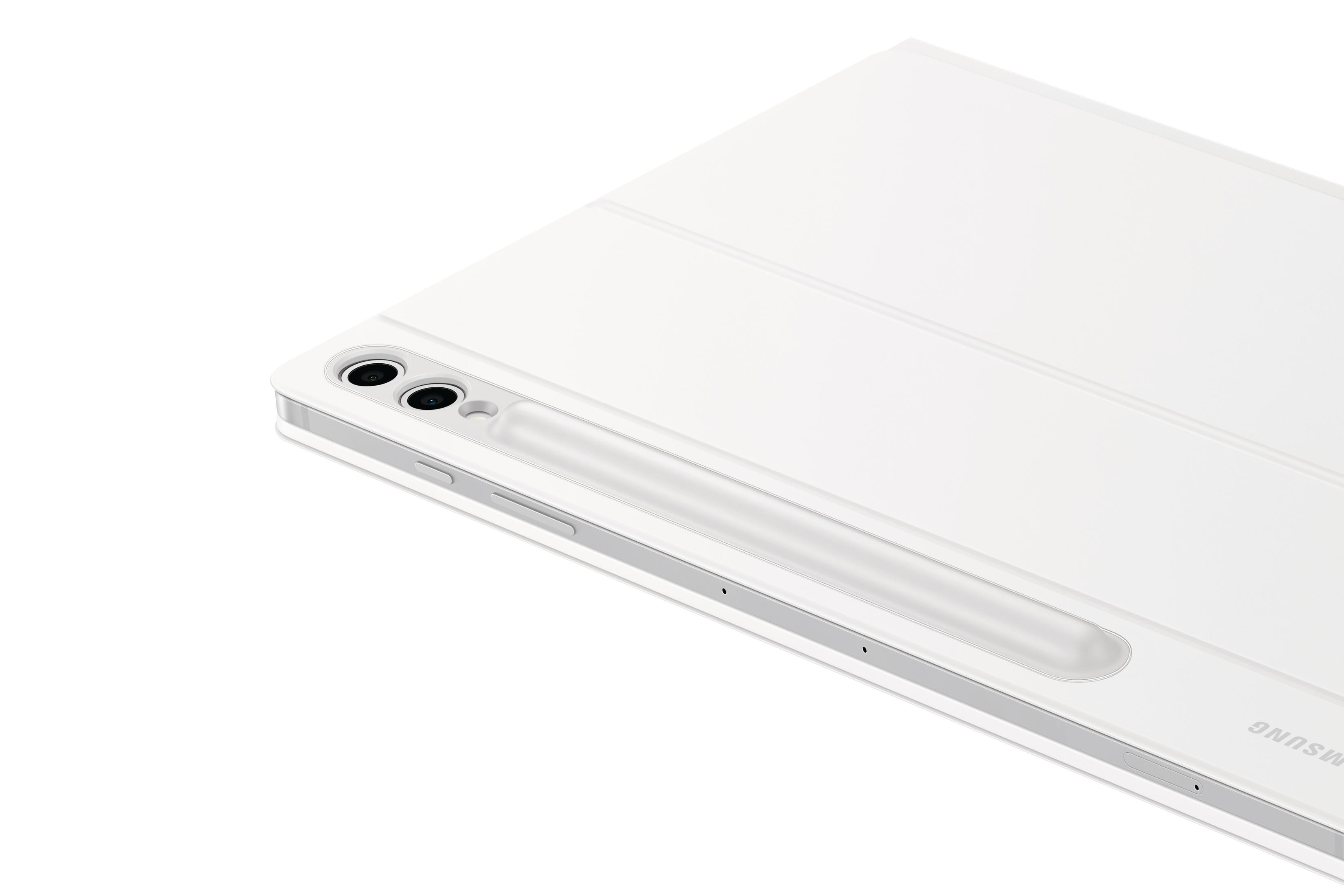Tablette blanche avec un stylet. Caméra et logement pour stylet sont visibles. Design minimaliste, fond blanc.