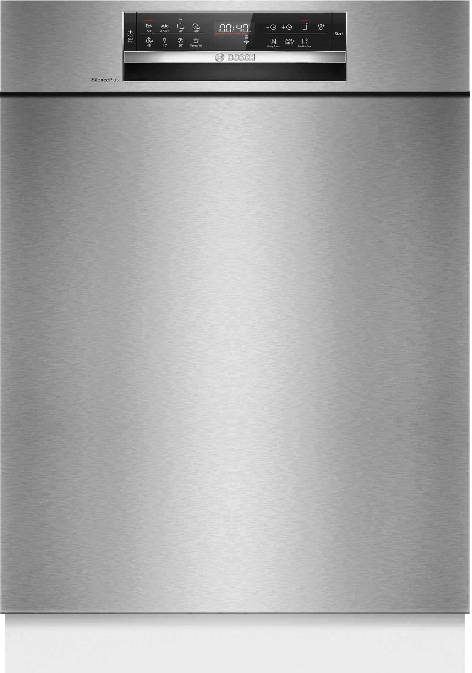 Lavastoviglie Bosch in acciaio inox con display digitale e pulsanti di controllo.