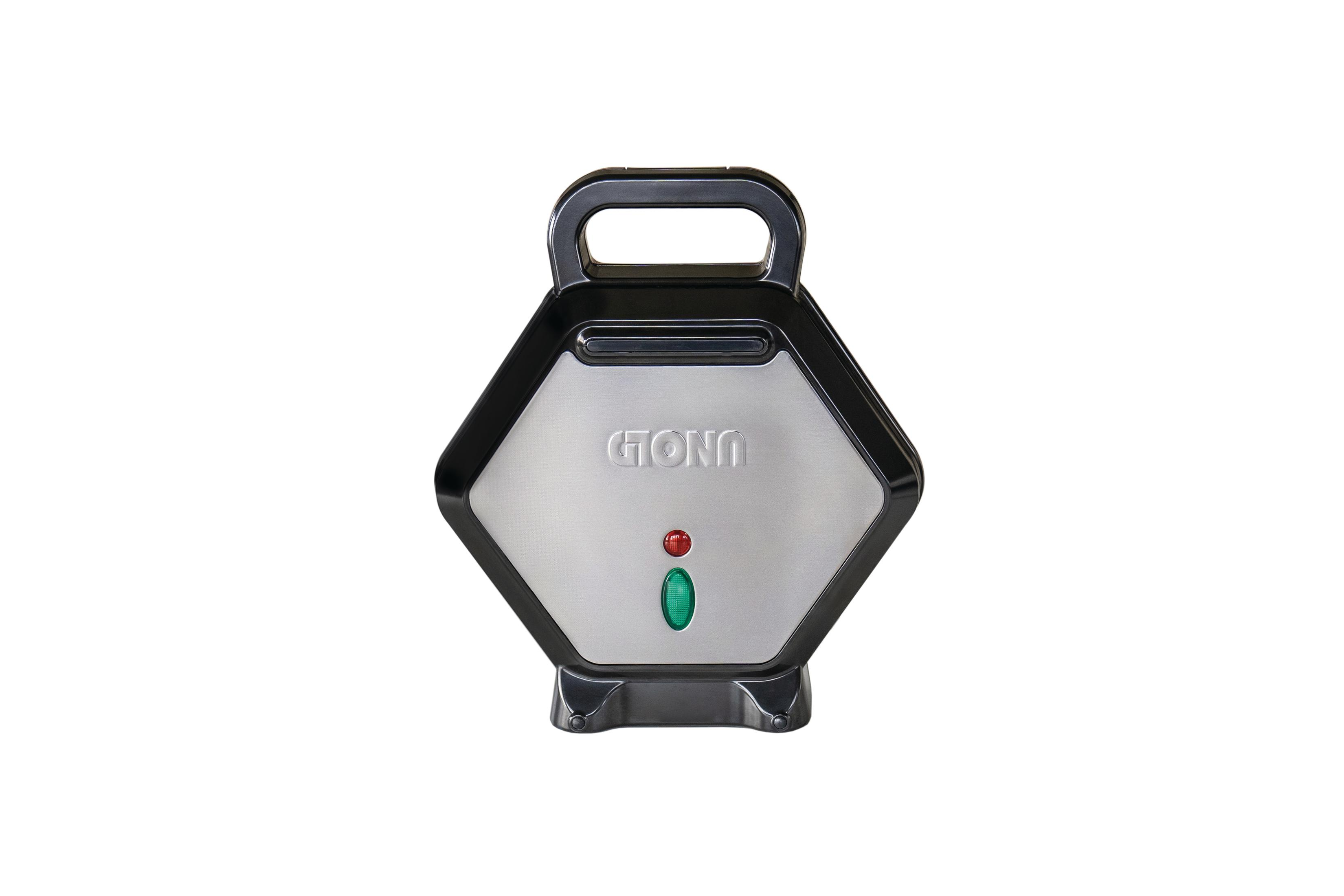 Czarno-srebrna opiekacz do kanapek z czerwonymi i zielonymi światłami.