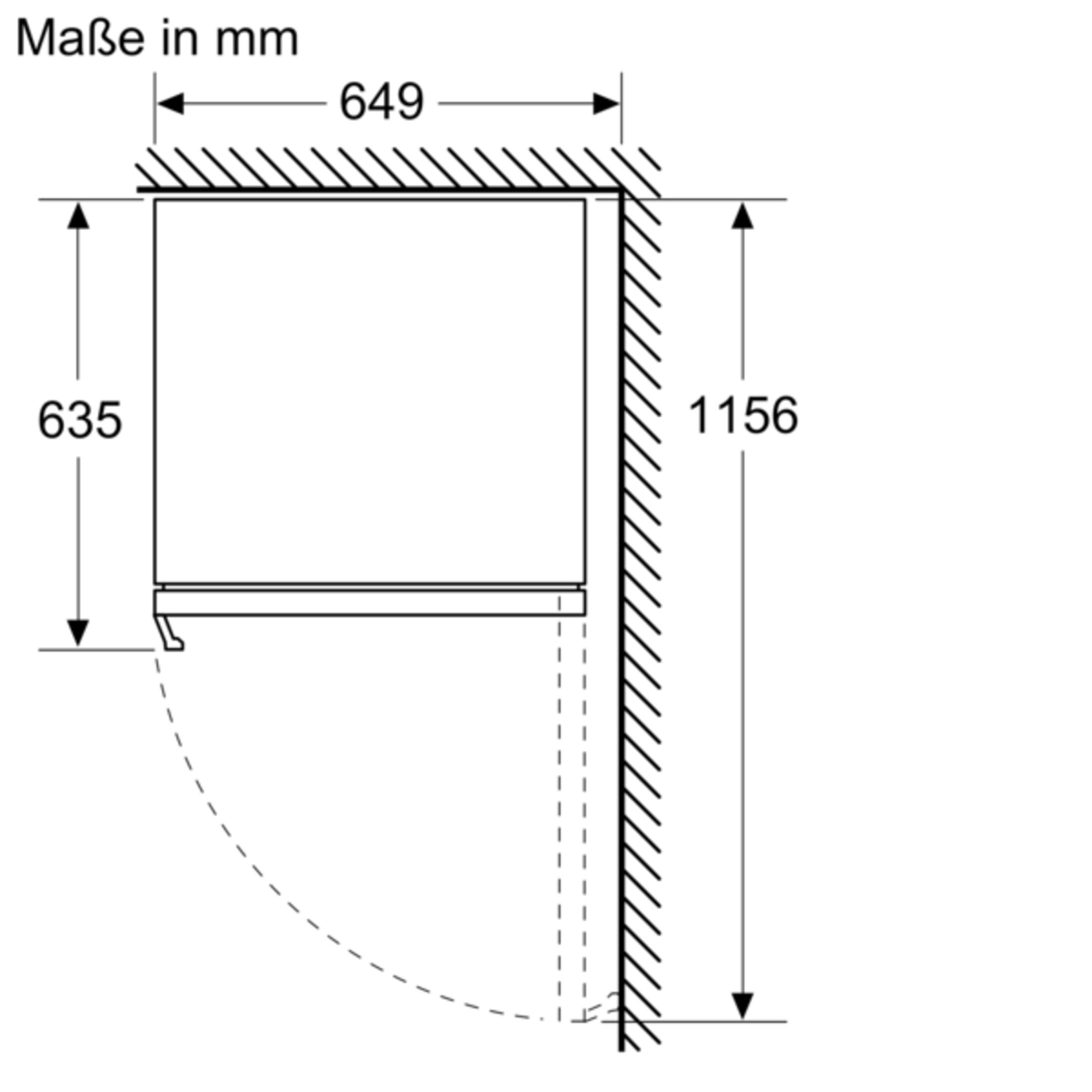 Diagramm eines Kühlschranks mit Abmessungen, mit weißem Hintergrund.