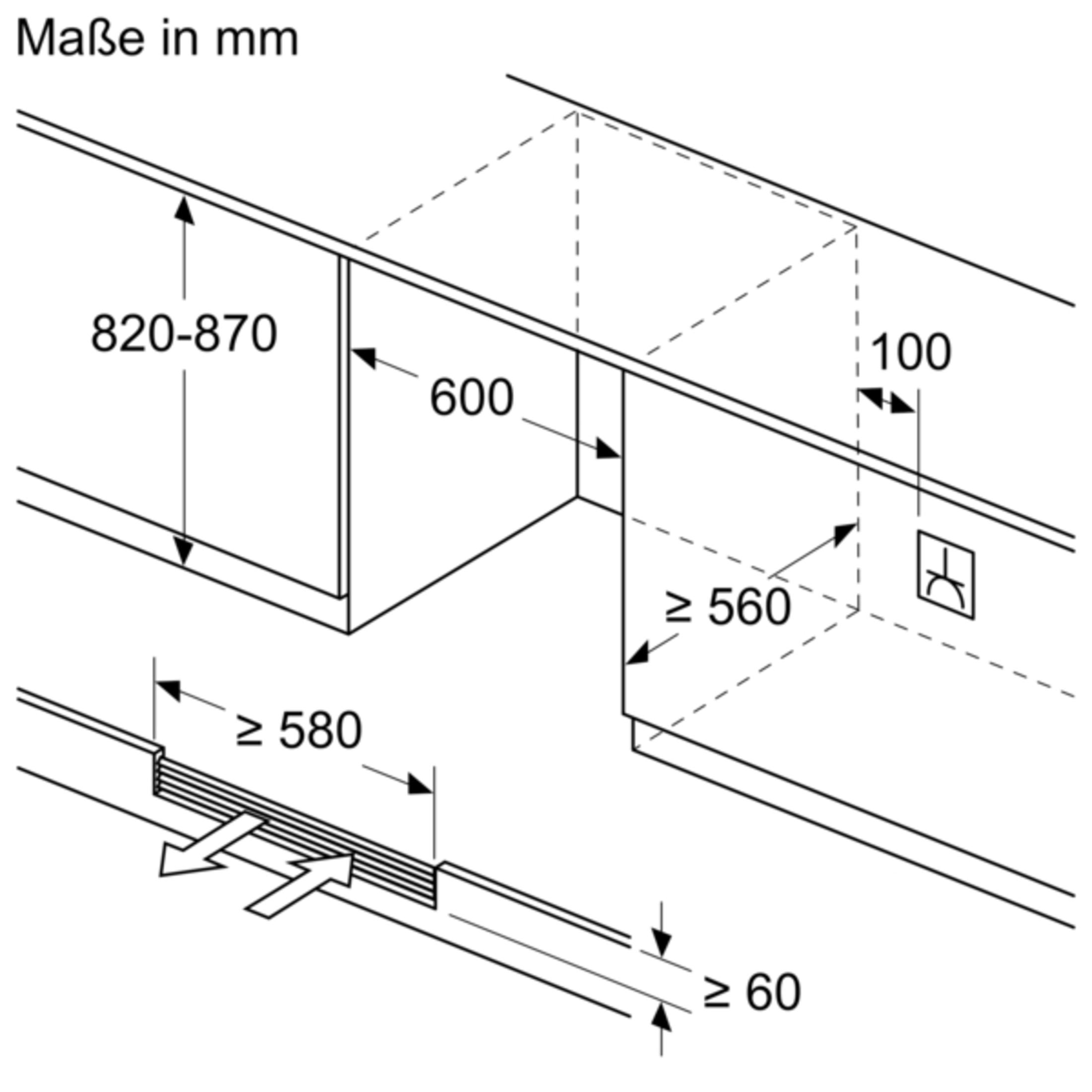 Diagramm mit Abmessungen für eine Dunstabzugshaube, Maße in mm.
