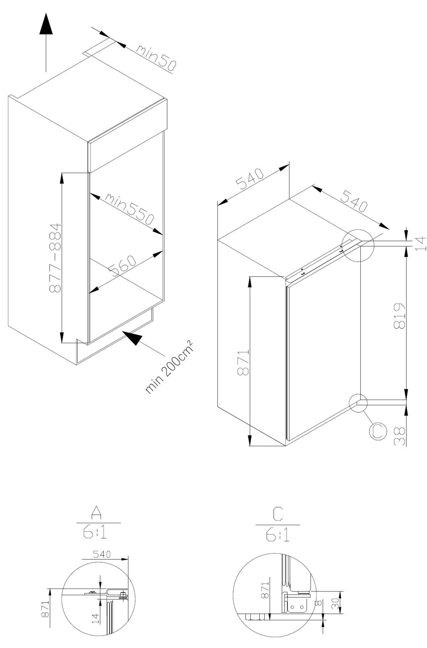 Technische Zeichnung eines Schranks mit Maßen und Details. Weißer Hintergrund.