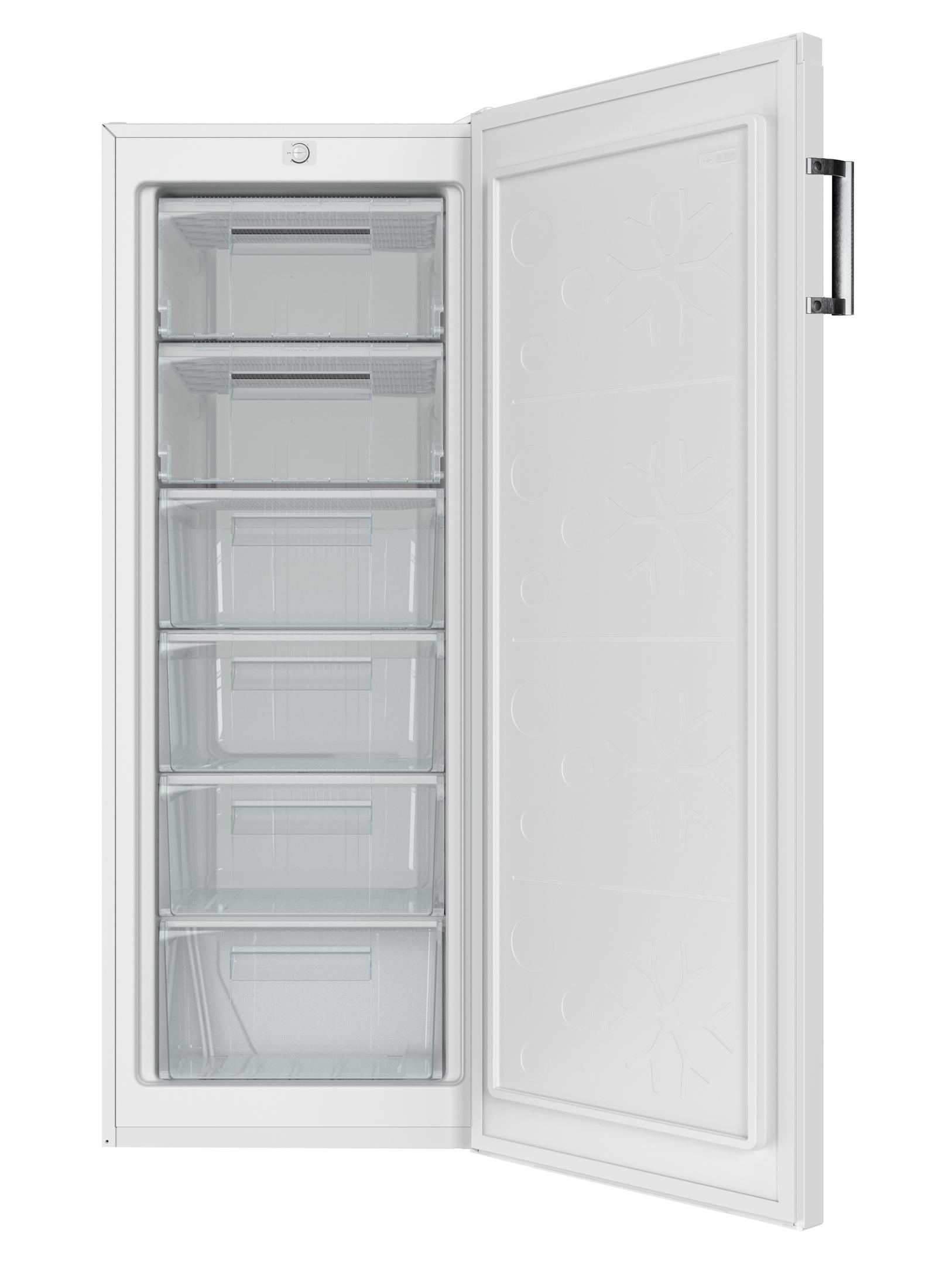 Ein weißer Kühlschrank mit geöffneter Tür, der mehrere transparente Schubladen zeigt.