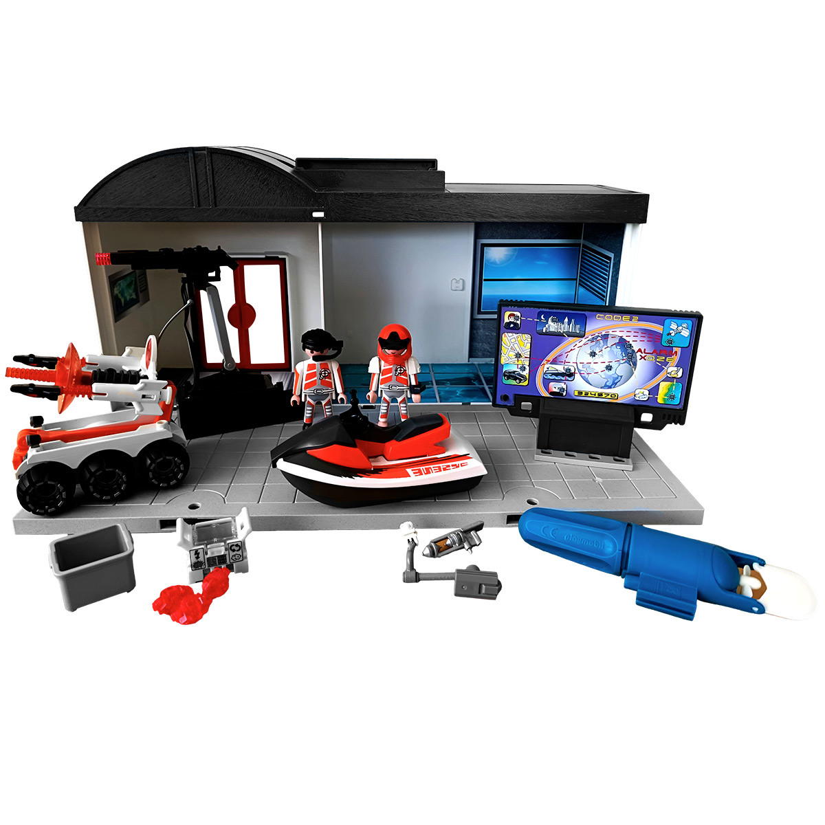 Playmobil Polizeistation Set mit Figuren, einem Jet Ski, einem Fahrzeug und einem Computerbildschirm mit Stadtkarte.