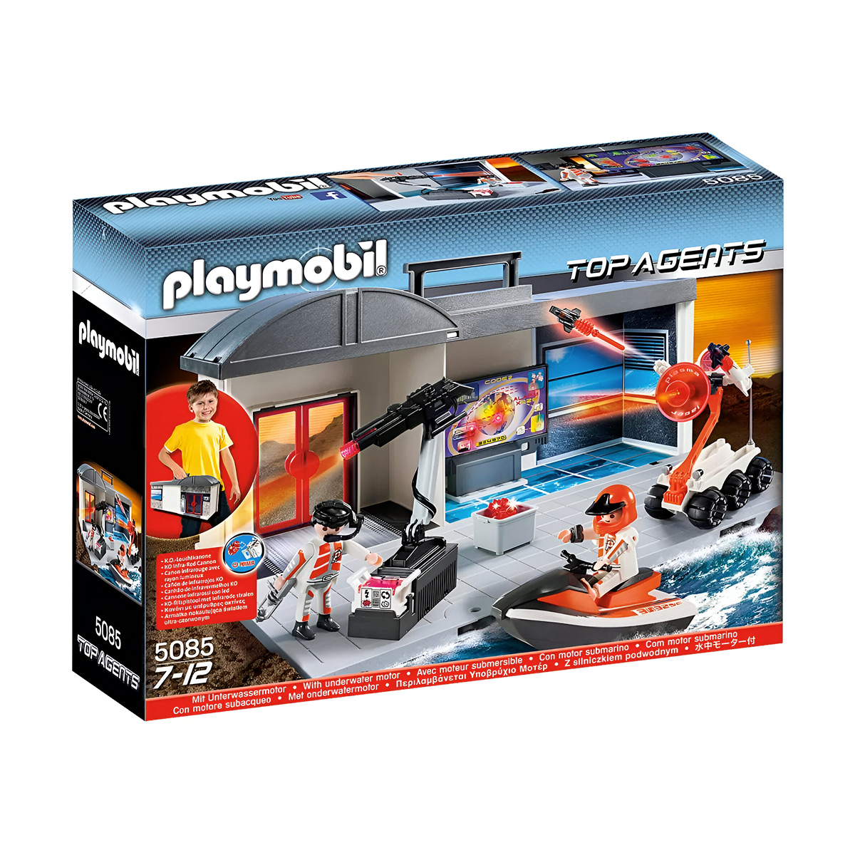 Playmobil-Spielzeugset-Box mit einer Polizeistationsszene mit Figuren, einem U-Boot und einem Wasserfahrzeug.