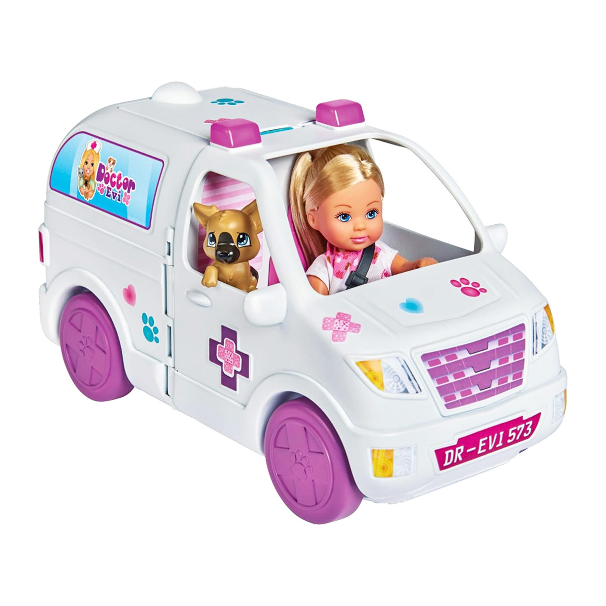 Ambulanza giocattolo bianca con bambola e cucciolo.