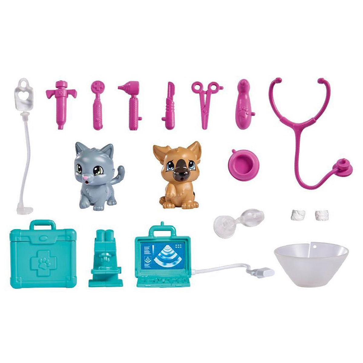 Set veterinario giocattolo con gatto, cane e strumenti. Include stetoscopio, siringa e attrezzature mediche.