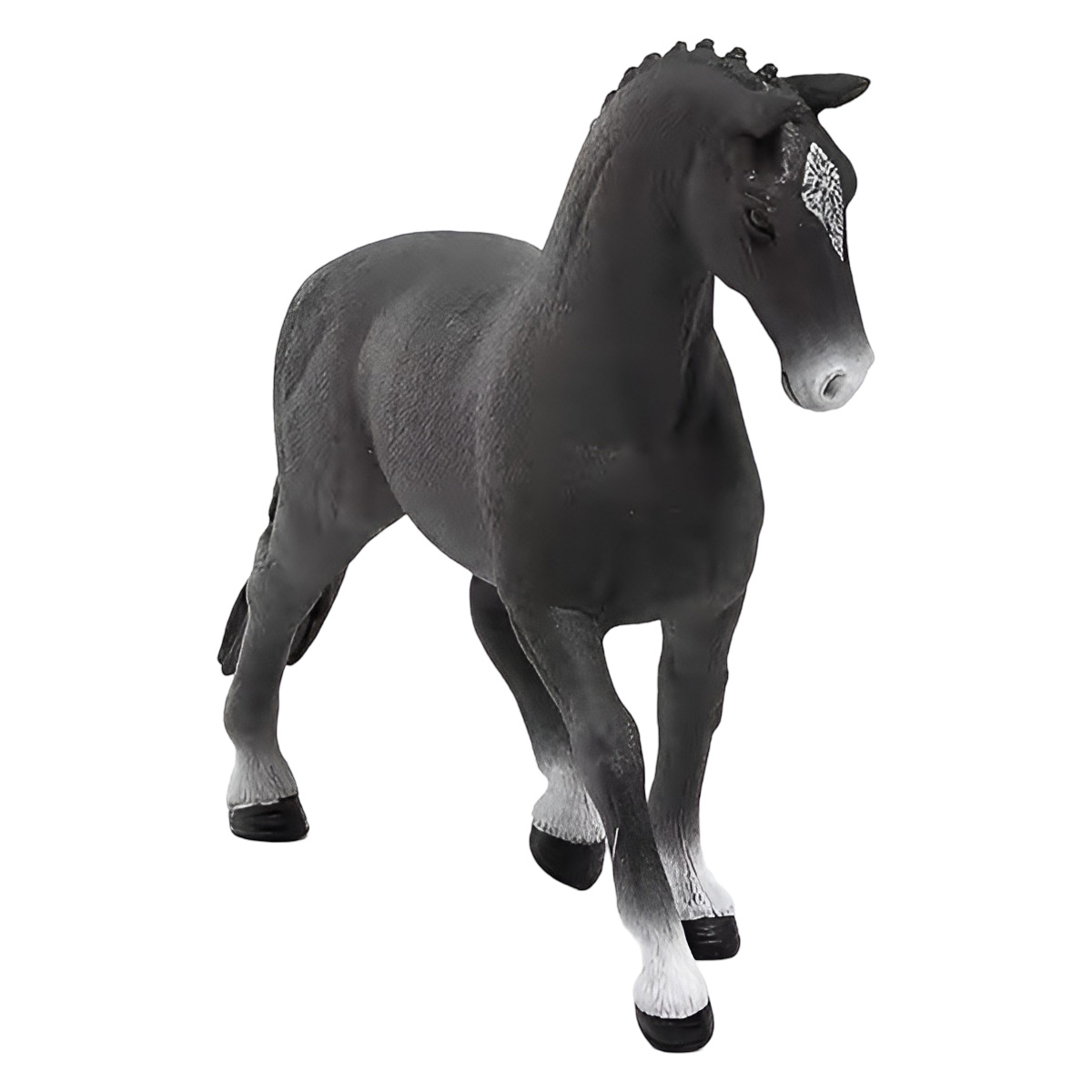 Schwarze Pferdefigur mit weißen Markierungen an Beinen und Gesicht. Es hat eine dunkle Mähne und steht auf weißem Untergrund.