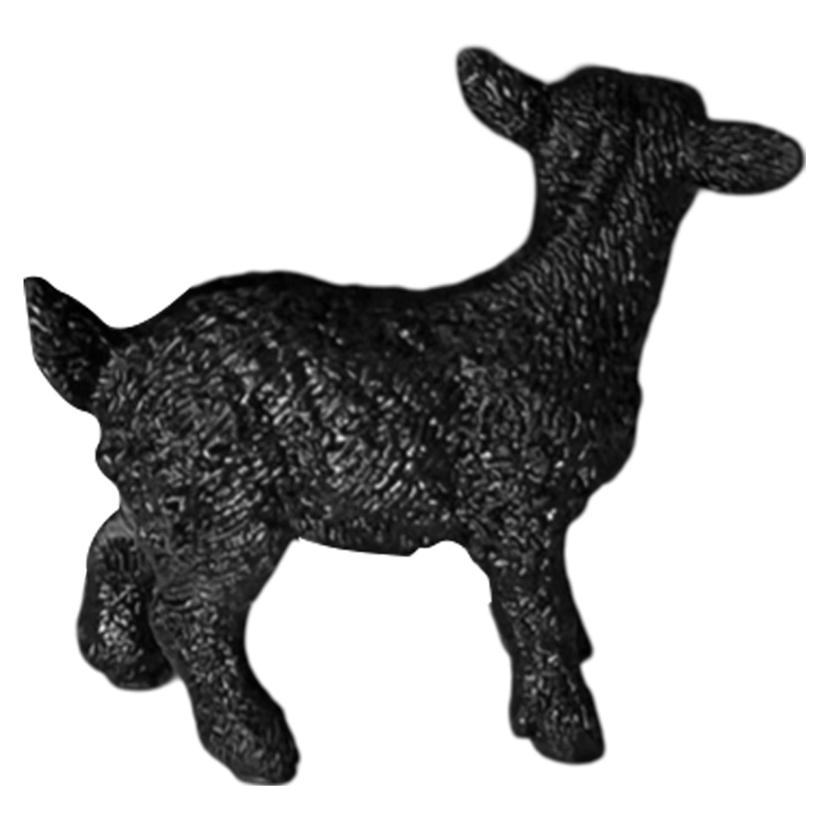 Una piccola figura stilizzata di capra nera, rivolta a destra, su sfondo bianco.