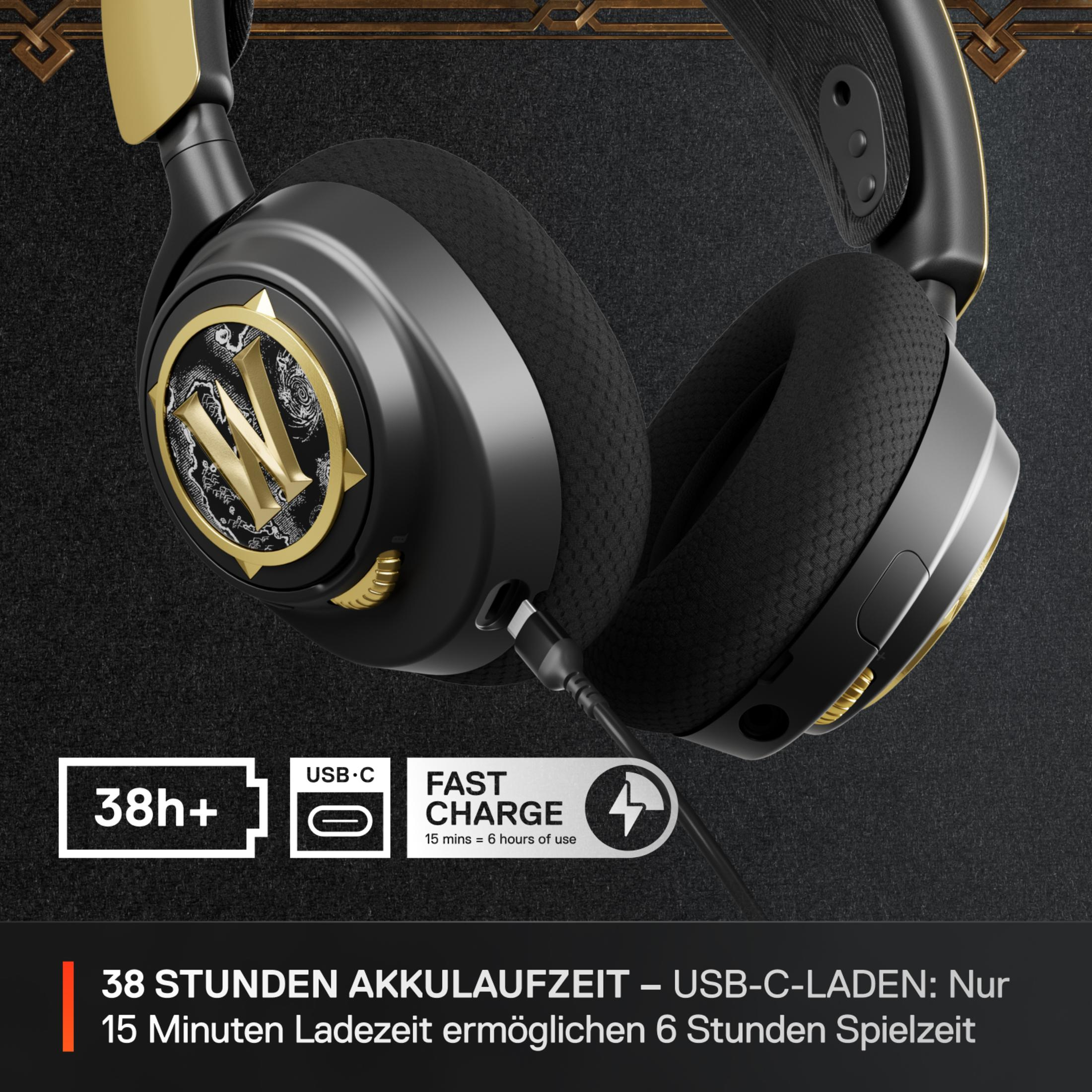 Schwarz-goldene Kopfhörer mit der Aufschrift '38h+' und 'Fast Charge'.