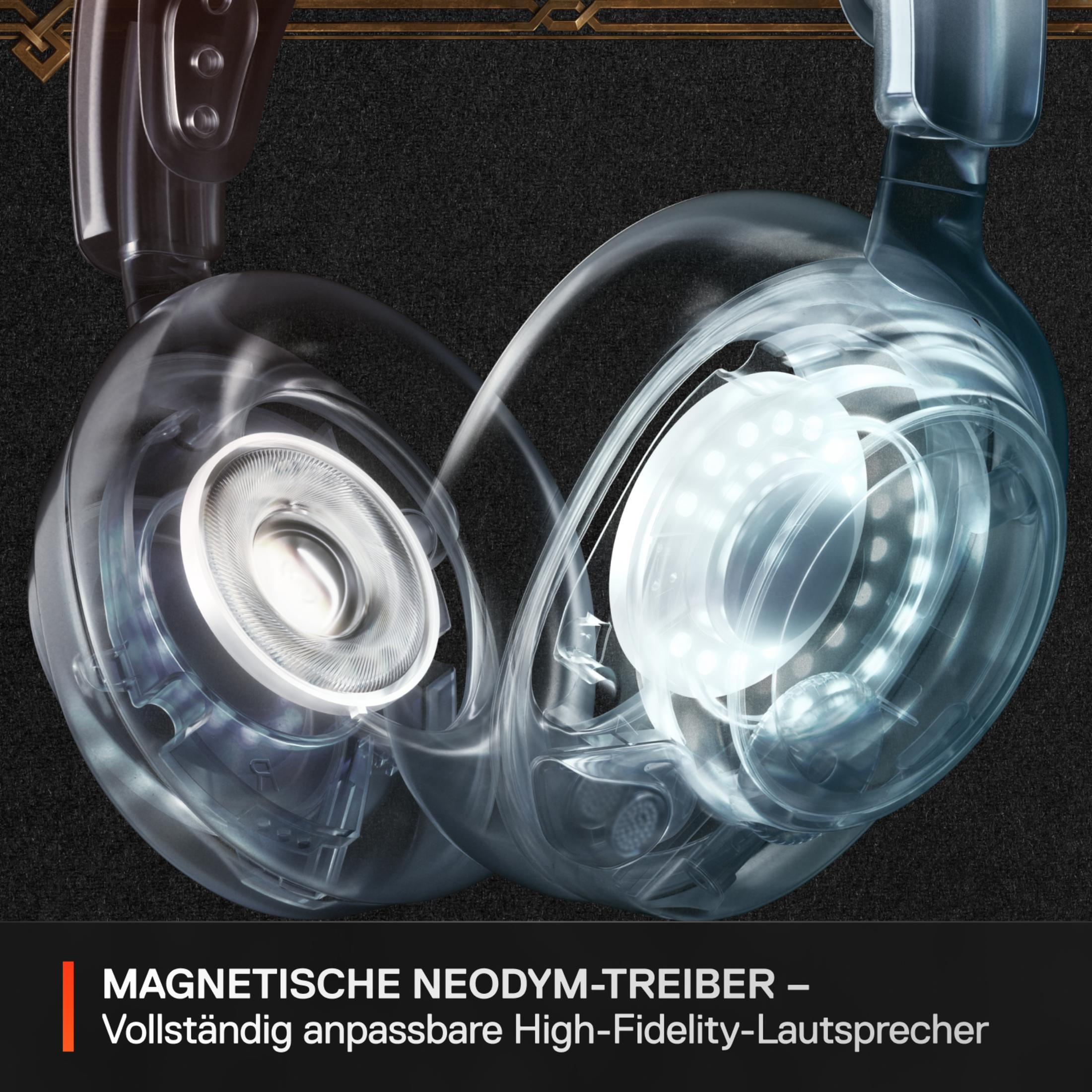 Transparenter Kopfhörer, der interne Komponenten zeigt, mit Text über Neodym-Treiber.