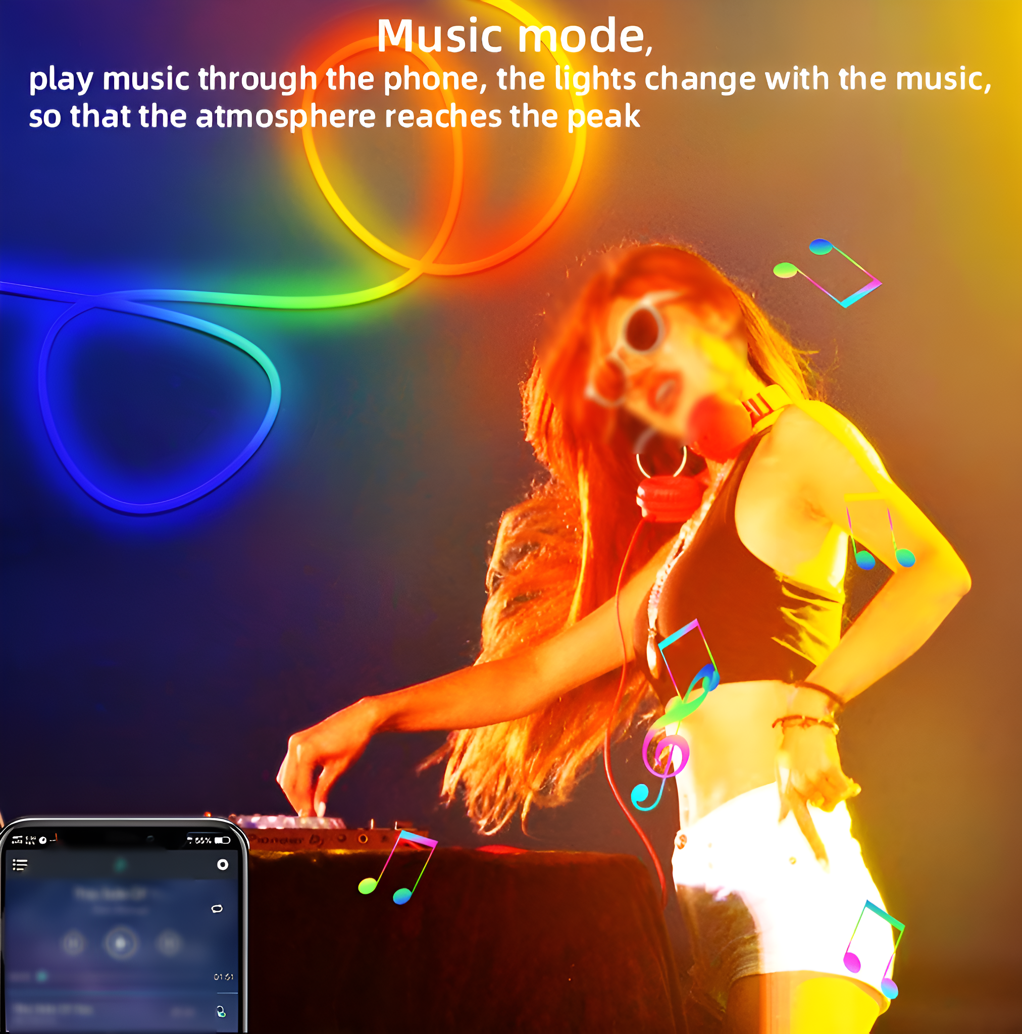 Eine Person legt Musik auf, ein Telefon zeigt Musik-Interface, umgeben von bunten Noten.