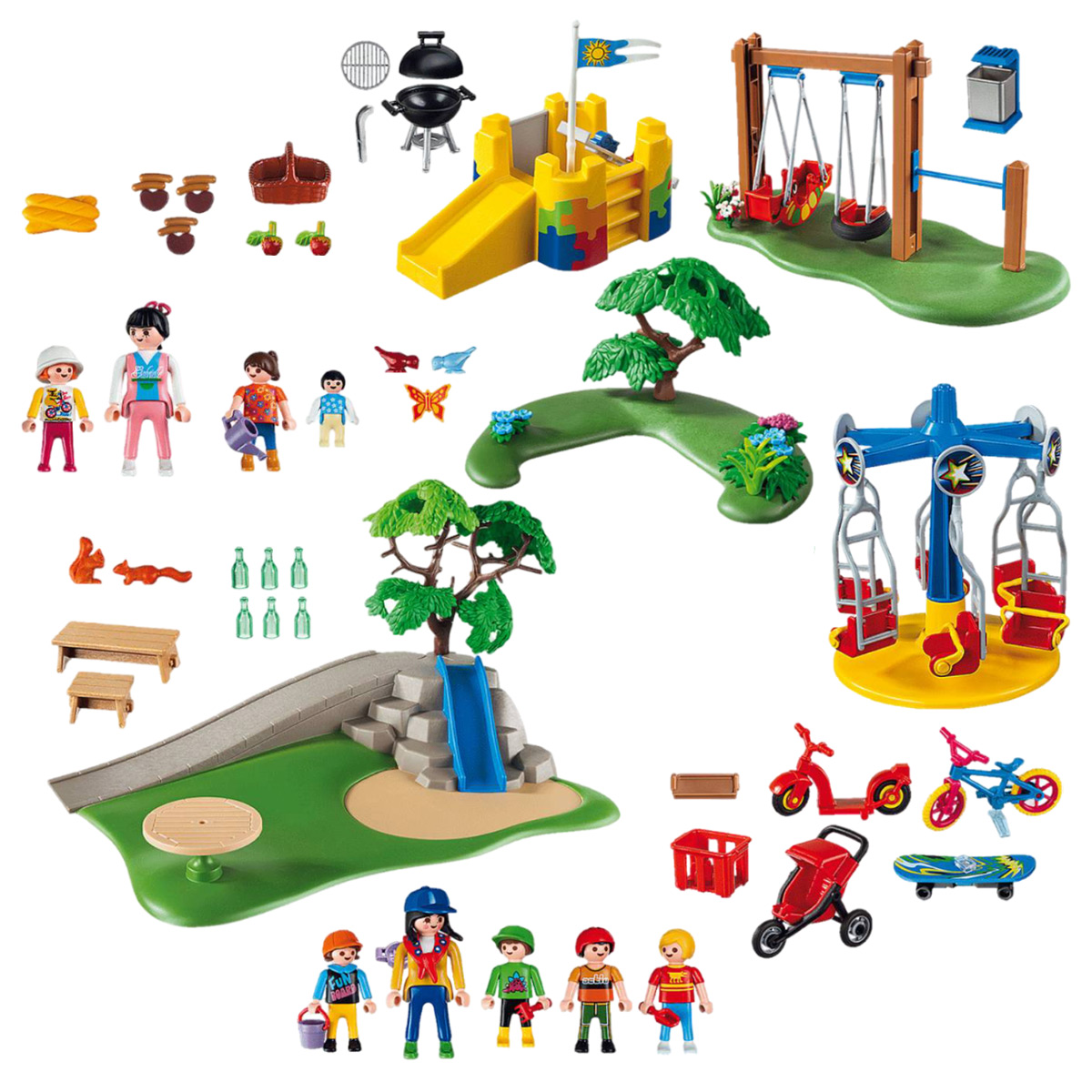 Playmobil-Spielplatzszene mit verschiedenen Spielzeugen und Figuren, farbenfroh und detailliert.