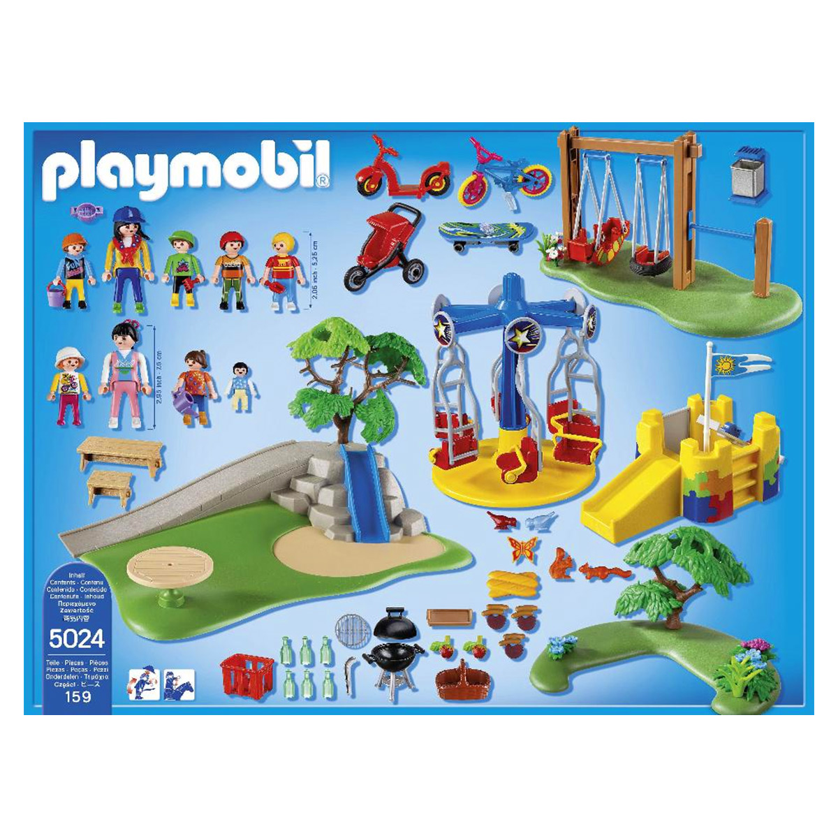 Ein Playmobil-Spielzeugset mit Figuren und Spielgeräten wird gezeigt.