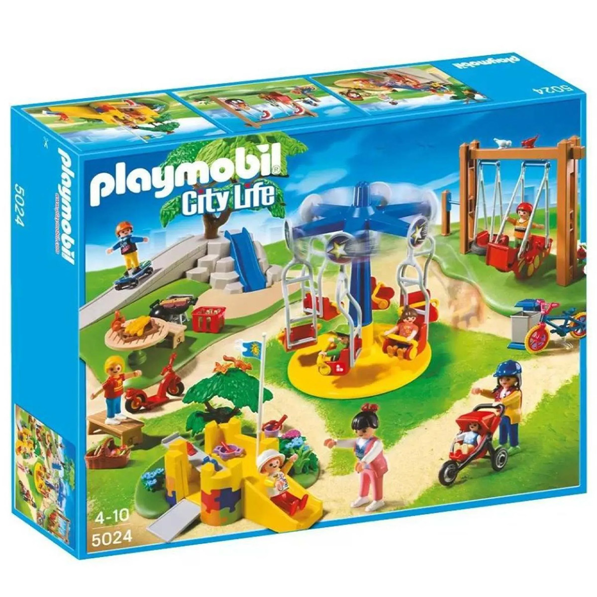 Playmobil City Life Set. Zeigt eine Spielplatzszene mit Figuren und Spielzeug auf blauem Karton.