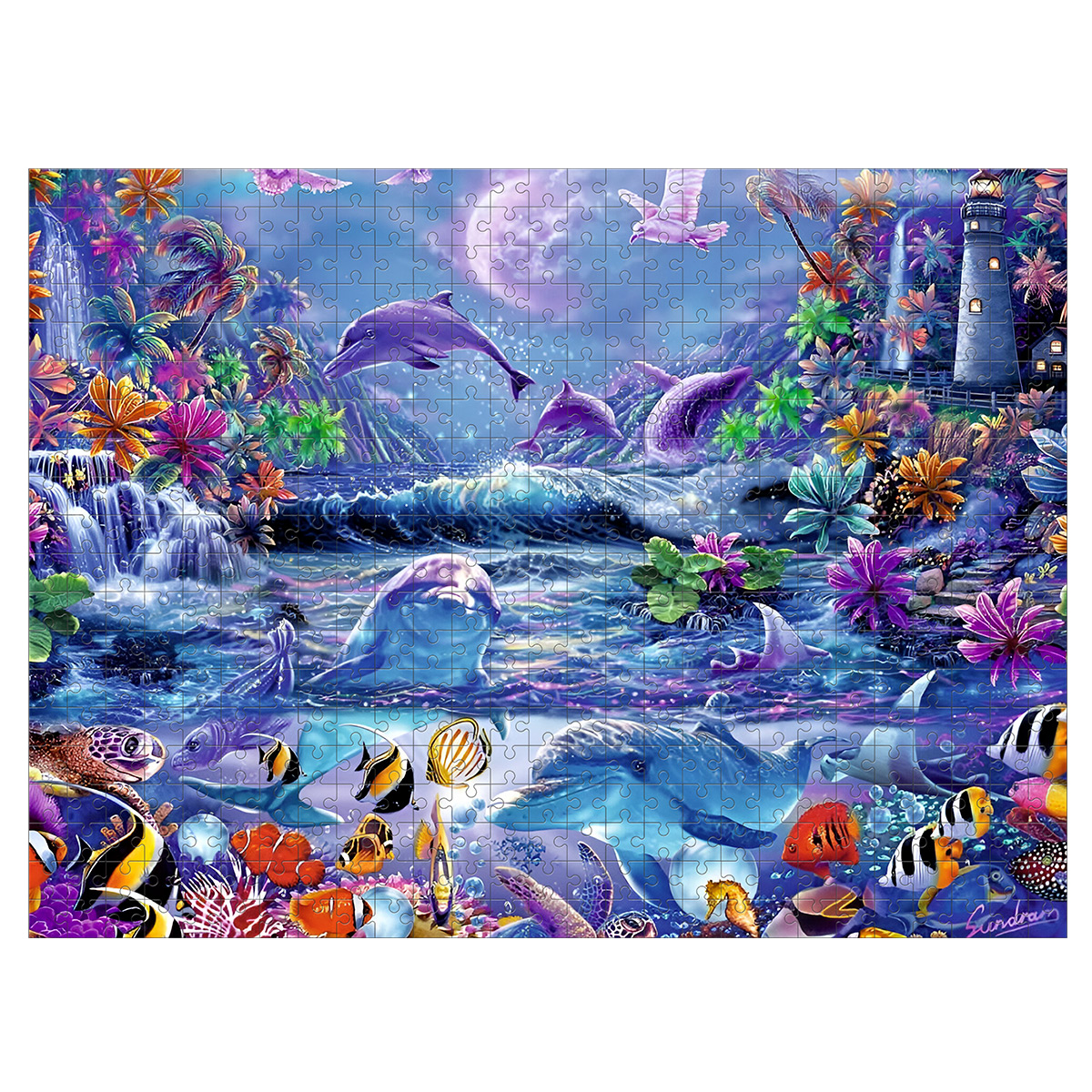Kolorowa układanka przedstawiająca tropikalną scenę z delfinami, rybami i latarnią morską na wybrzeżu.