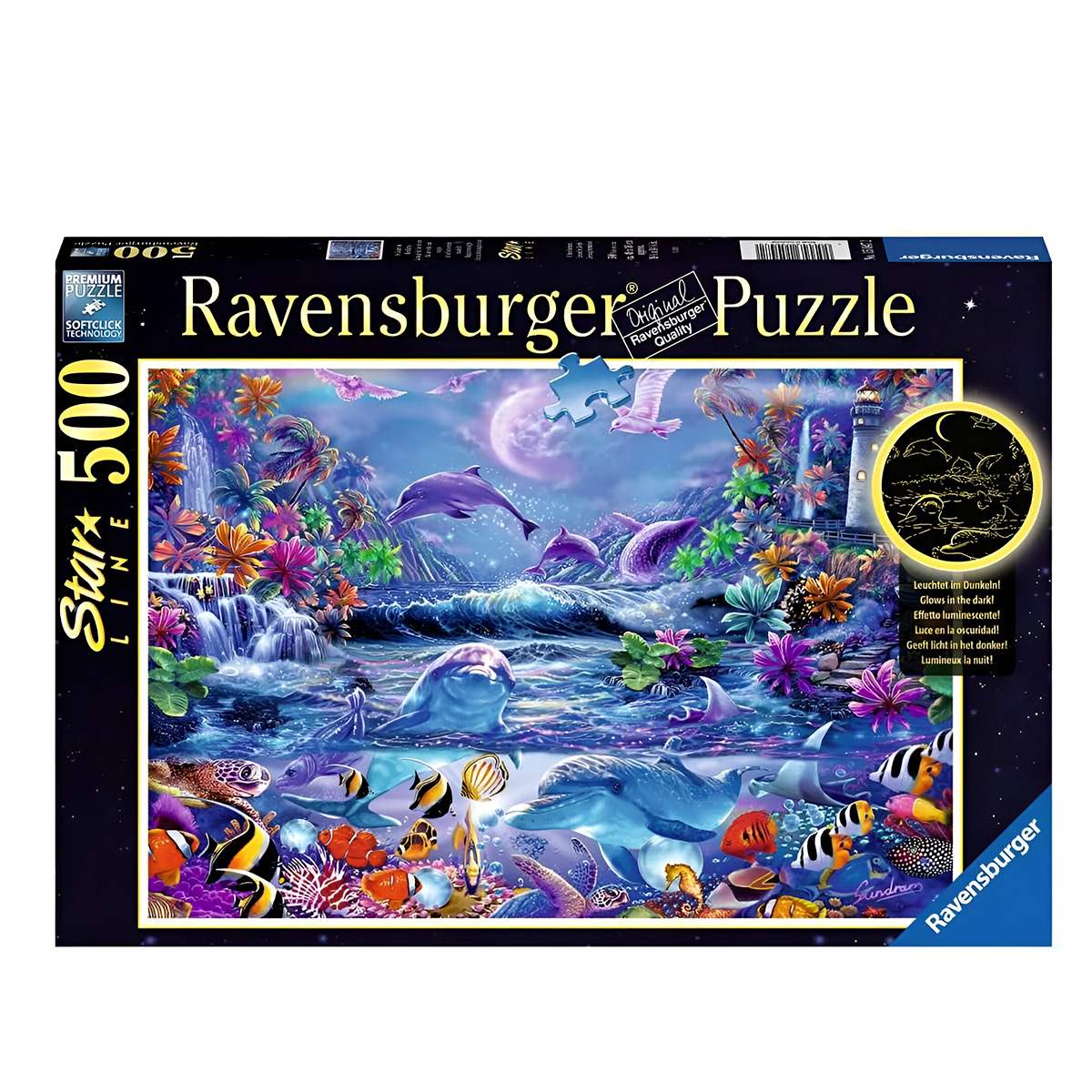 Pudełko puzzli Ravensburger z kolorową podwodną sceną z delfinami, rybami i pełni księżyca.