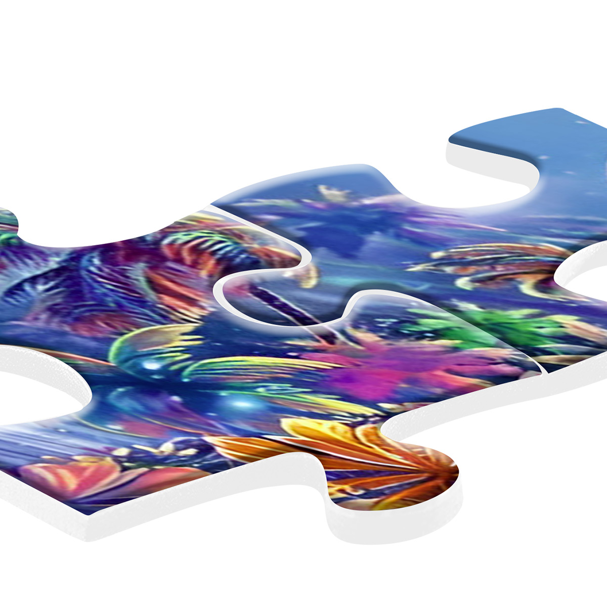 Dwa elementy układanki z kolorowym, abstrakcyjnym wzorem. Elementy znajdują się na białym tle.