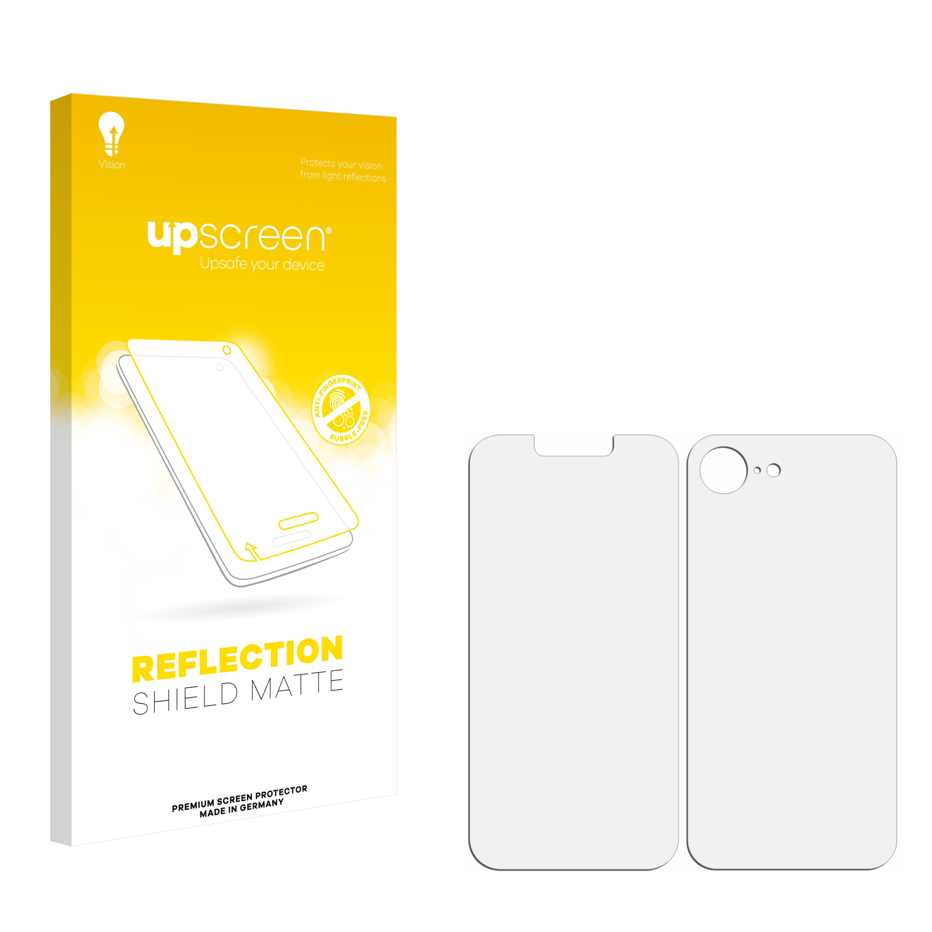 Verpackter Bildschirmschutz und zwei Schutzfolien für ein Smartphone. Die Verpackung ist gelb und weiß.