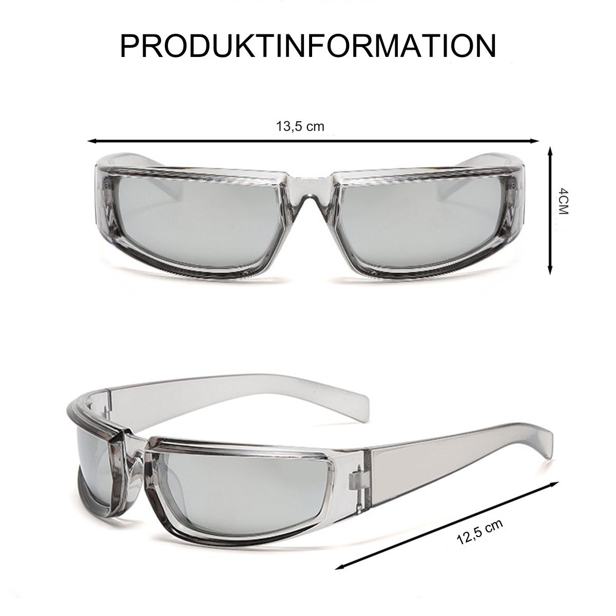 Graue Sonnenbrille mit Maßangaben: 13,5 cm, 12,5 cm und 4 cm.