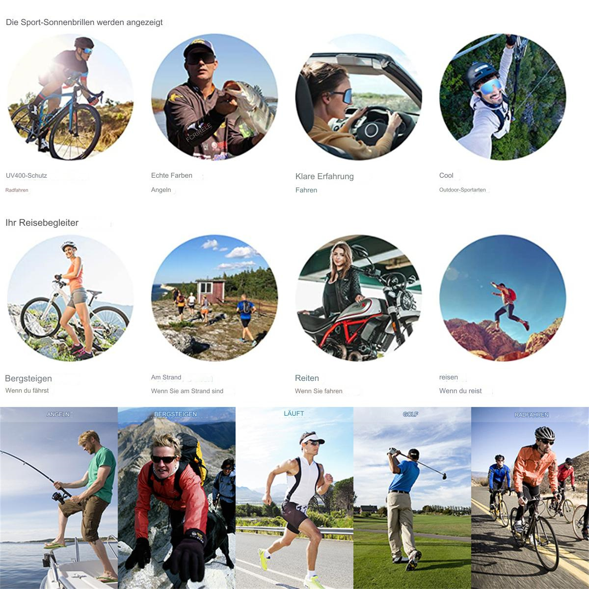 Collage von Bildern, die Sportarten wie Radfahren, Angeln und Laufen zeigen.