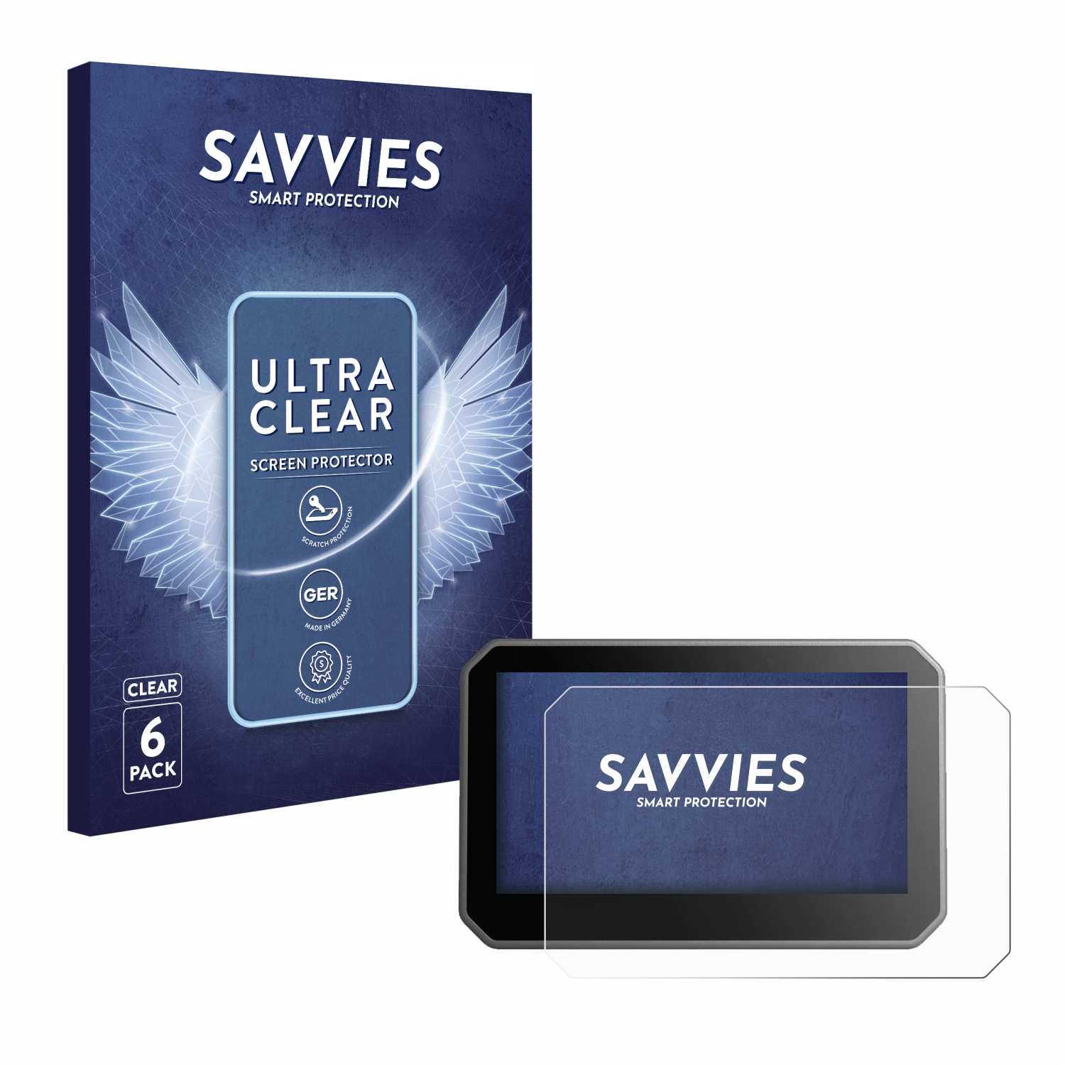 Bildschirmschutzverpackung und Displayschutz für ein Tablet auf weißem Hintergrund.