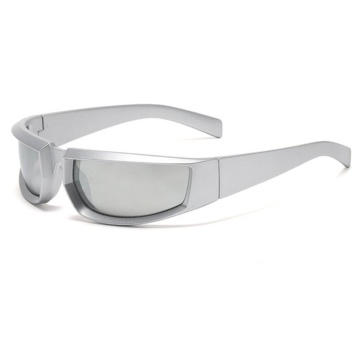 Silberne Sonnenbrille mit Wrap-around-Design. Sie haben einen schlanken, futuristischen Look.