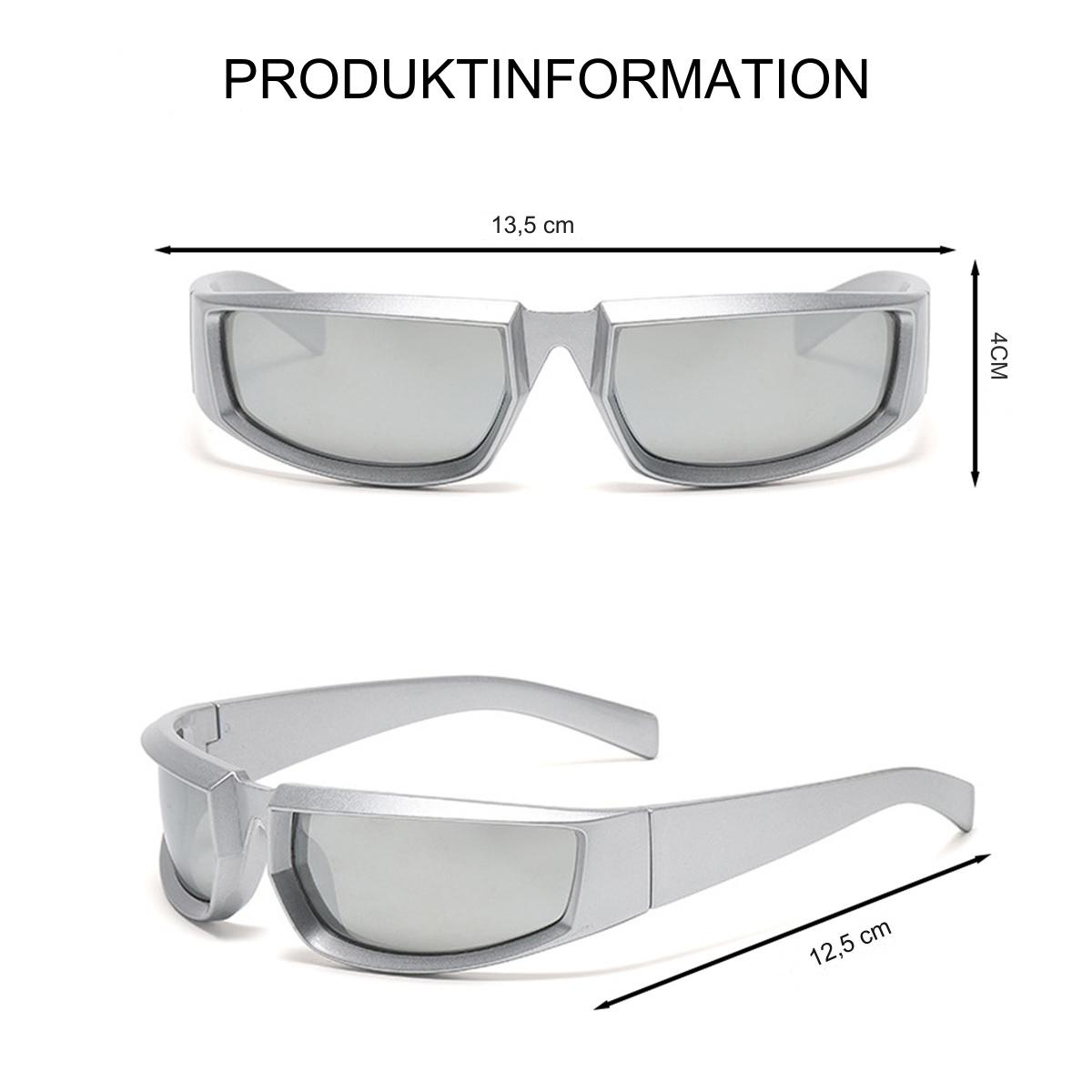 Silberne 3D-Brille mit Maßangaben. Draufsicht zeigt 13,5 cm, Seitenansicht 12,5 cm Länge.