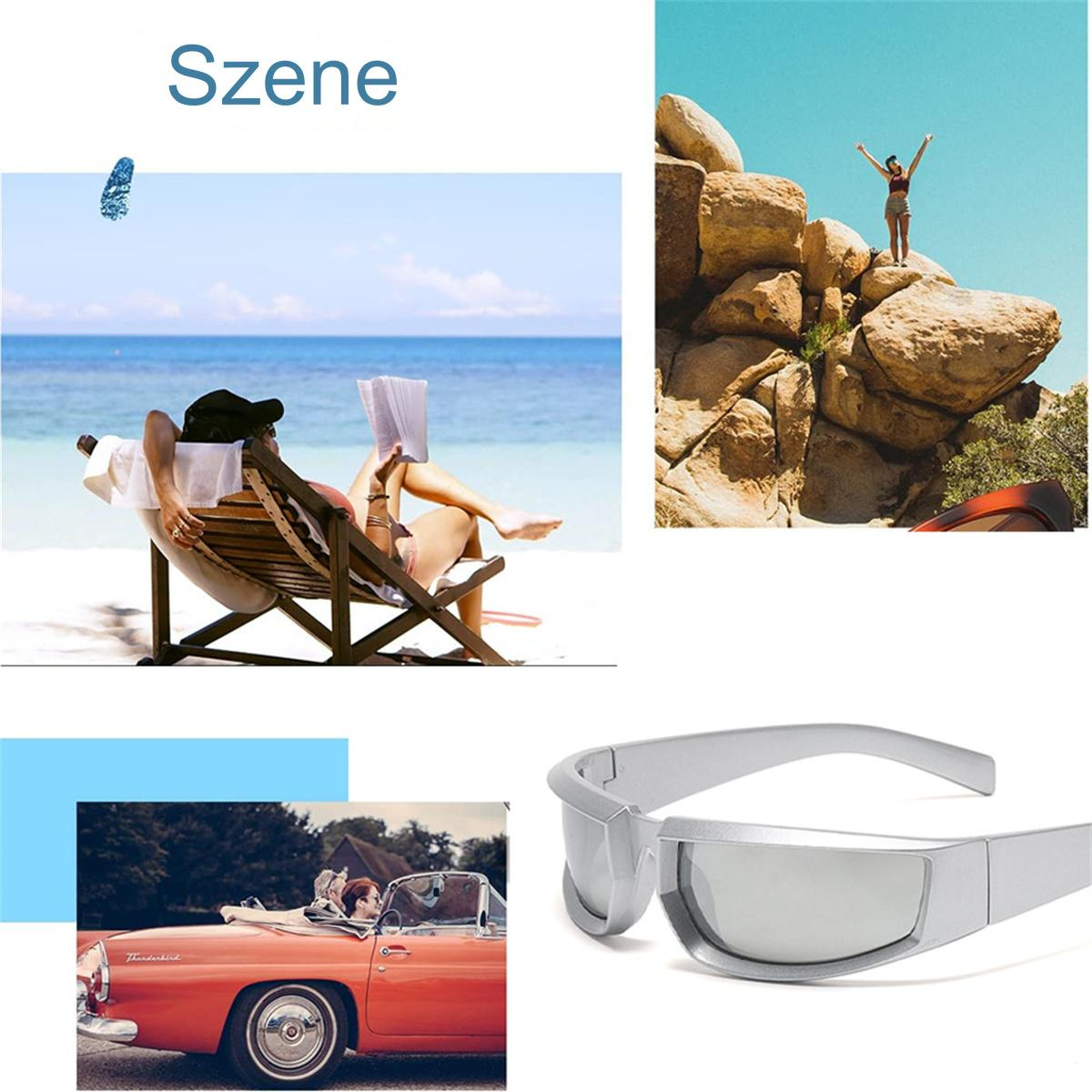 Eine Collage von 4 Bildern: Strandszene, Person auf Felsen, Auto und silberne Sonnenbrille.
