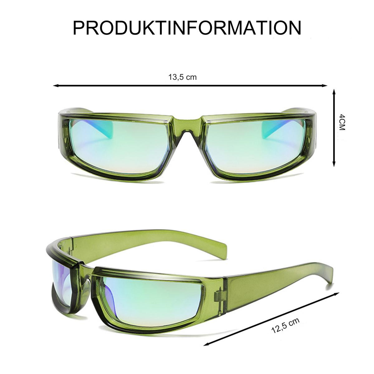 Grüne Sonnenbrille mit Maßen, Produktinformationstext, auf weißem Hintergrund.