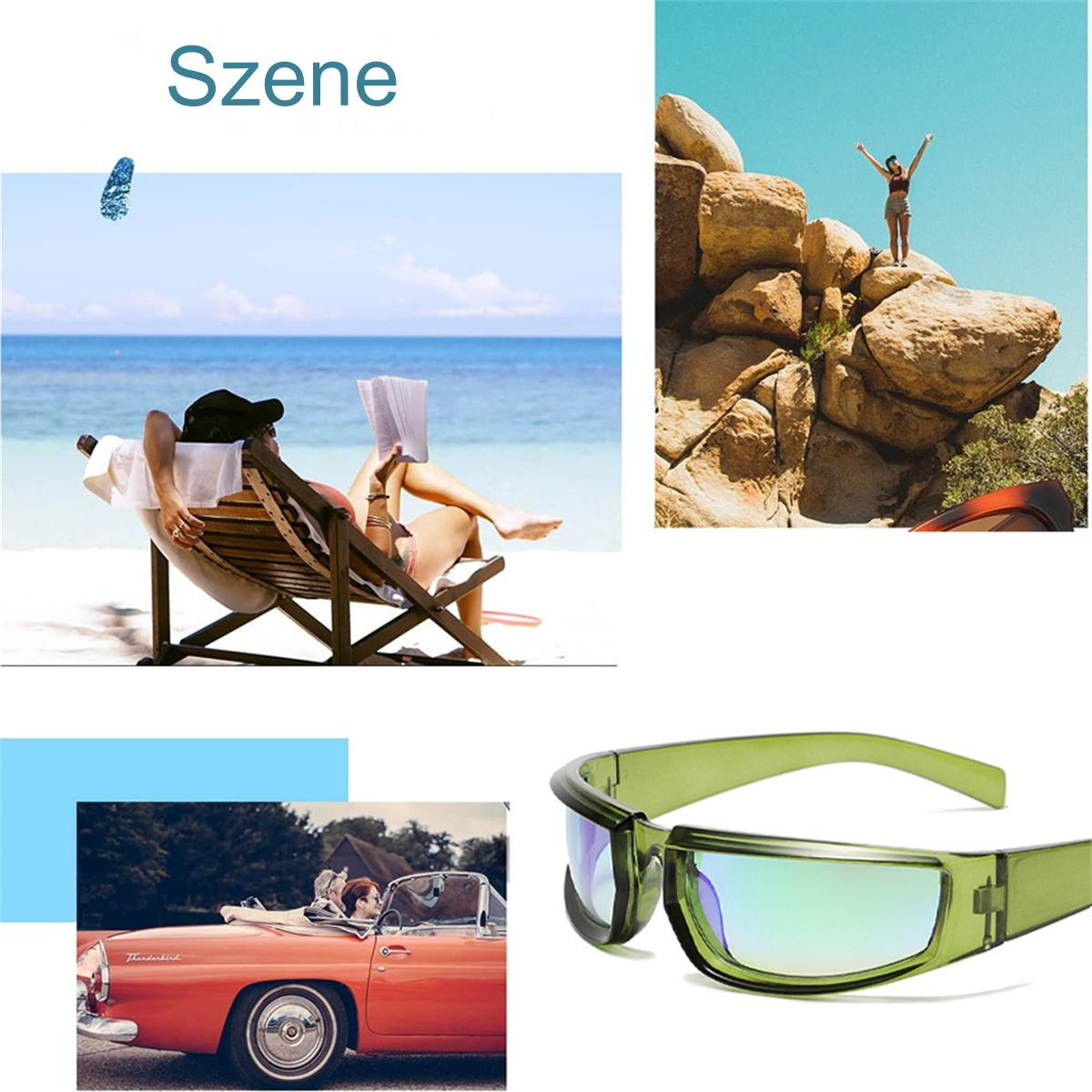 Eine Collage von Szenen: eine lesende Frau, eine Frau auf einem Felsen, ein rotes Auto, Sonnenbrille.